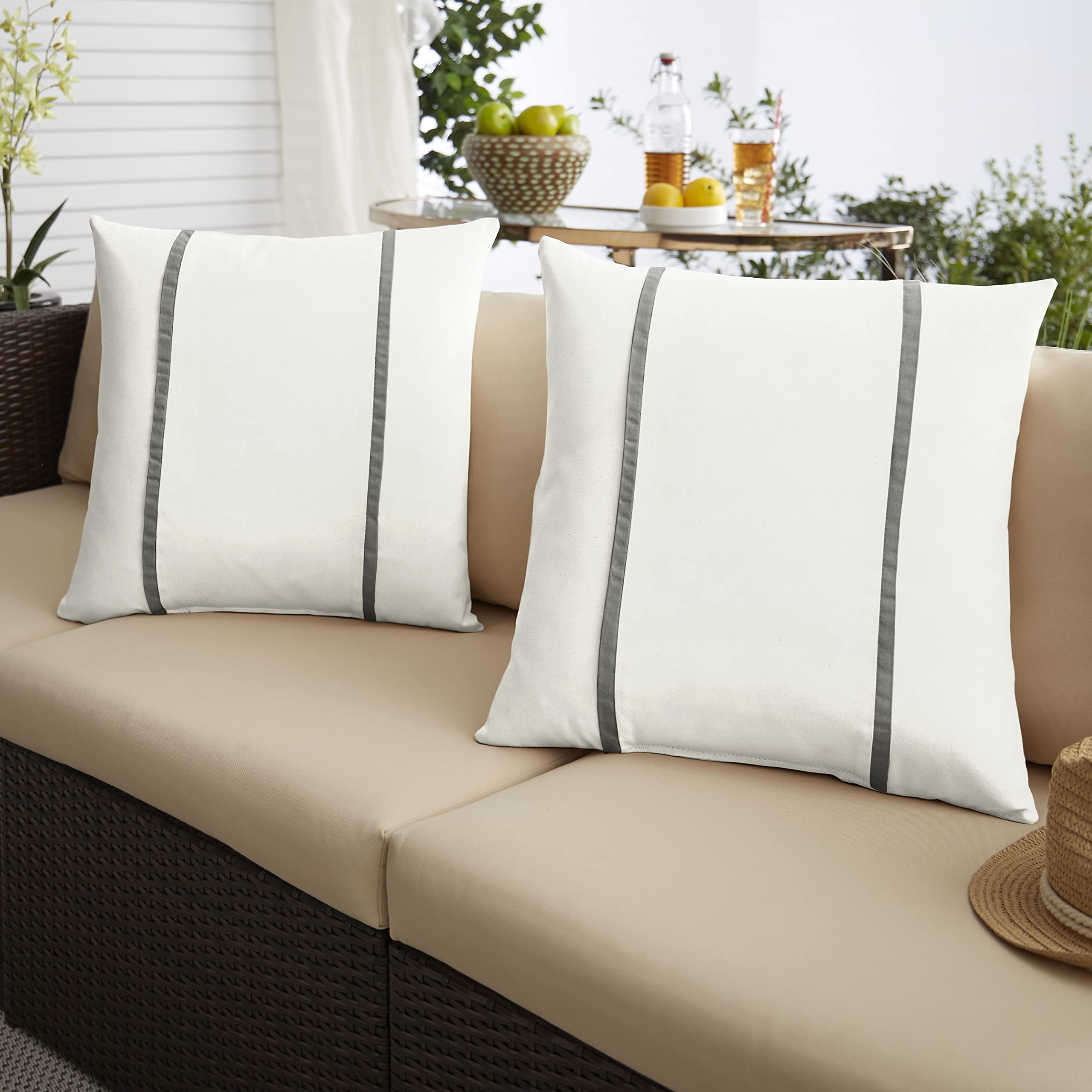 Sorra Home x Sunbrella Indoor Outdoor Square Pillow Covers Set of 2 - Waterproof Fade Resistant Natural Ivory & Charcoal Grey Decorative Throw Pillows for Patio, Sofa, Bedroom & Poolside Lounge