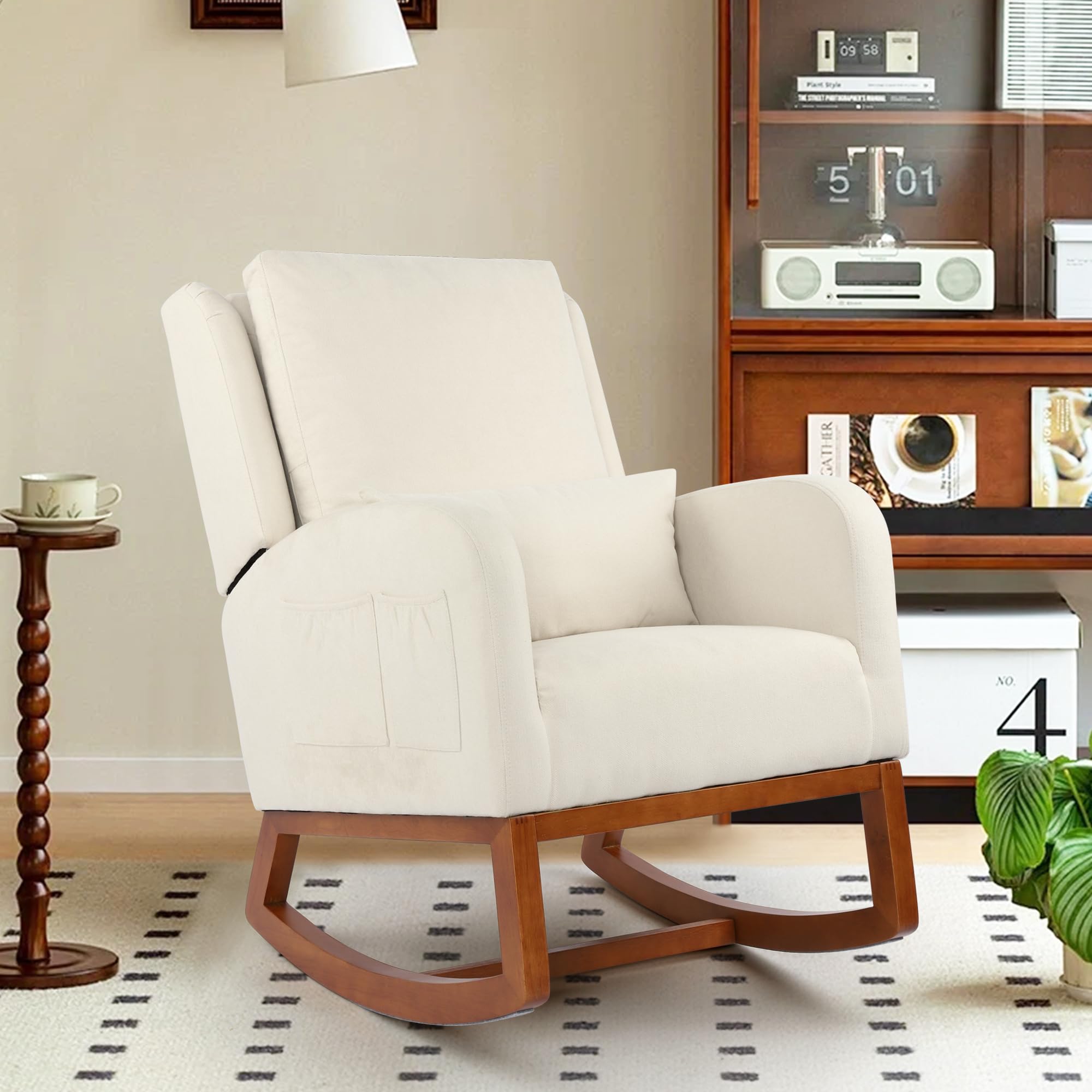 DAGONHIL Nursery Rocking Chair - High Back Glider Armchair with Pillow & Side Pocket, Upholstered Flannel Accent Chair with Rubber Wood Legs for Living Room, Bedroom, Nursery - Beige | Perfect for Nursing, Reading & Relaxing