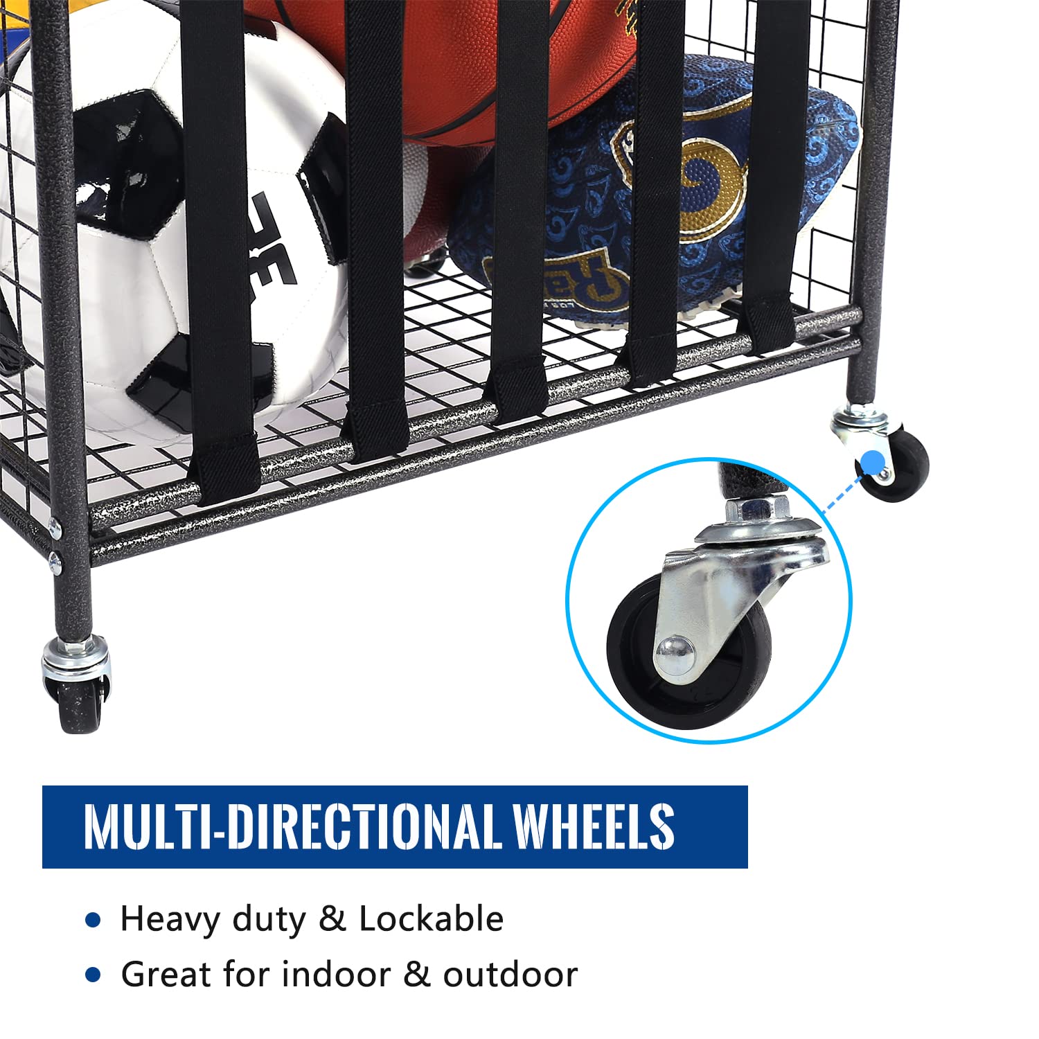 Mythinglogic Rolling Sports Ball Storage Cart - Lockable Ball Storage Locker with Elastic Straps, Stackable Ball Cage for Garage & Home Organization - Perfect for Basketball, Soccer, Football, Baseball Storage
