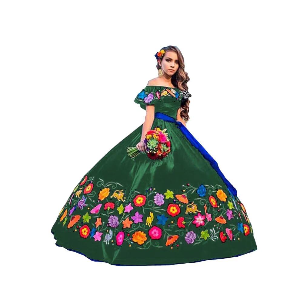 Quinceanera Dresses 2025 | Off Shoulder Floral Embroidered Charro Sweet 15 Dress with Blue Belt | Perfect for Quinceañera Celebrations, Birthday Parties & Special Occasions