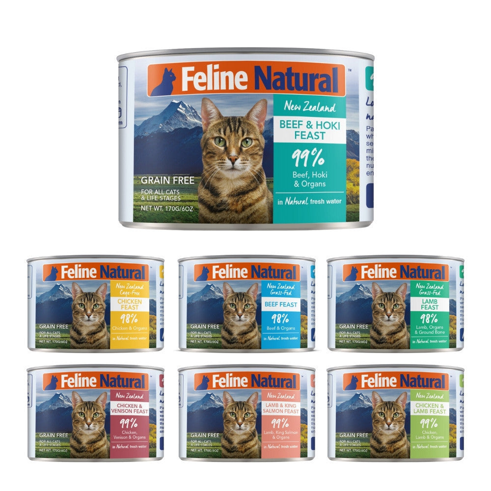 Feline Natural Grain-Free Canned Cat Food - 170g Beef, Chicken, Lamb, Hoki & Venison Variety Pack (12 Cans) | High-Protein Wet Food for Adult Cats | Perfect for Picky Eaters & Weight Management