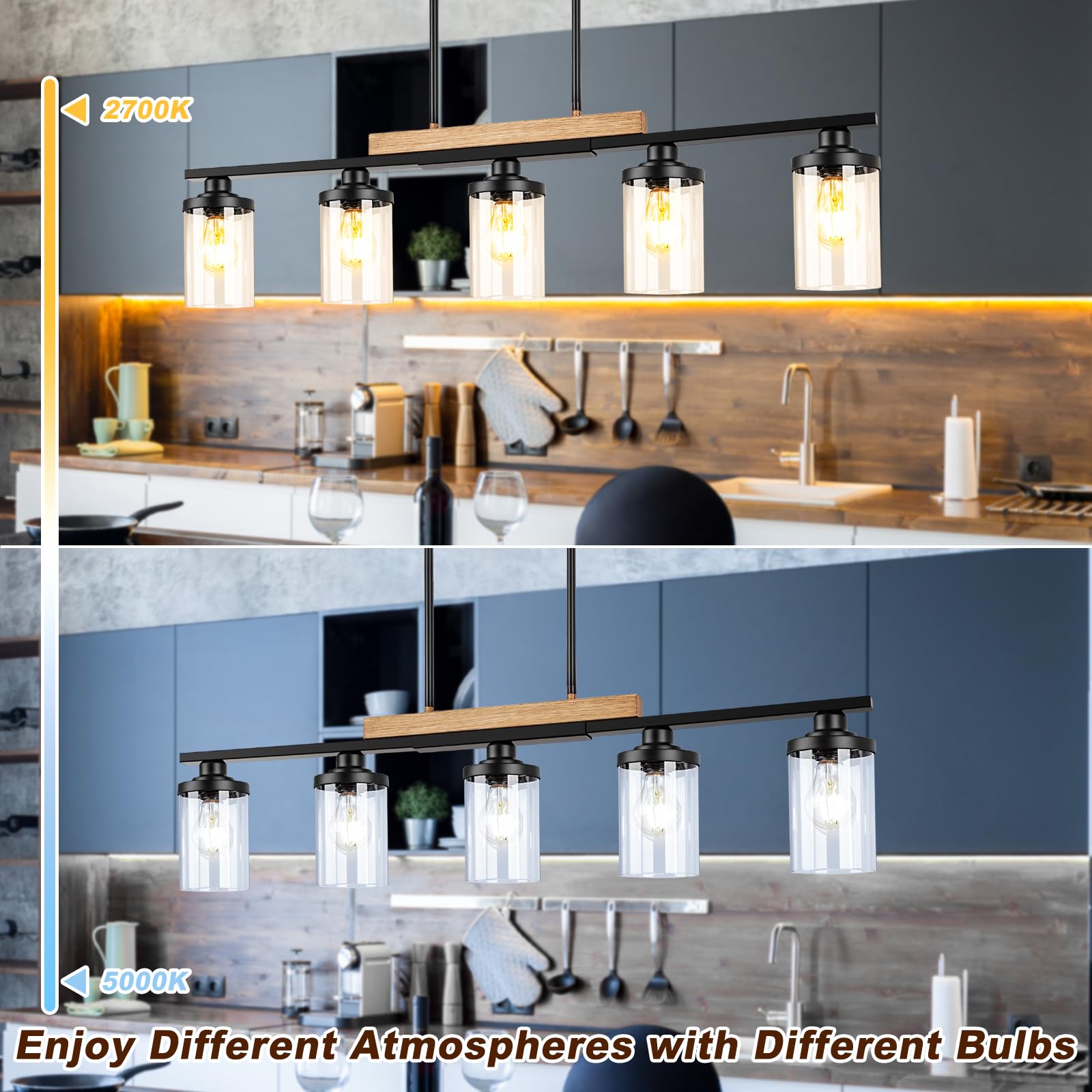 5-Light Farmhouse Kitchen Island Pendant Lighting - Adjustable Height Modern Black Chandelier for Dining Room, Table & Sloped Ceiling | Perfect for Rustic Kitchens, Open Concept Dining Areas & Farmhouse-Style Homes