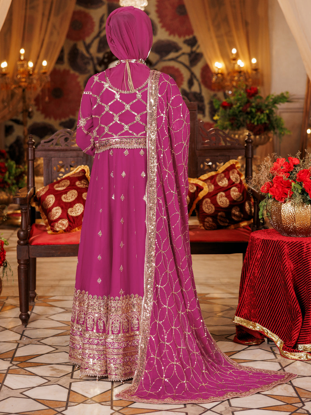 Elegant Chiffon Magenta Embroidered Suit by J. Junaid Jamshed - Perfect for Weddings, Parties & Formal Occasions
