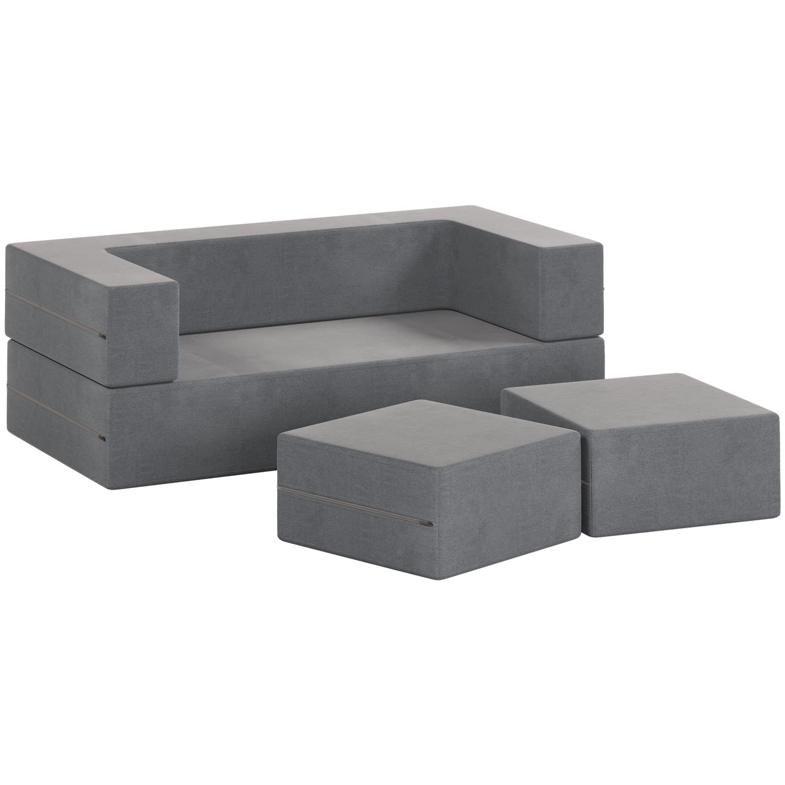 Wanan Kids Modular Play Couch with Ottoman - Soft Toddler Sofa for Boys & Girls, Grey Playroom Furniture for Reading, TV Time & Imaginative Play