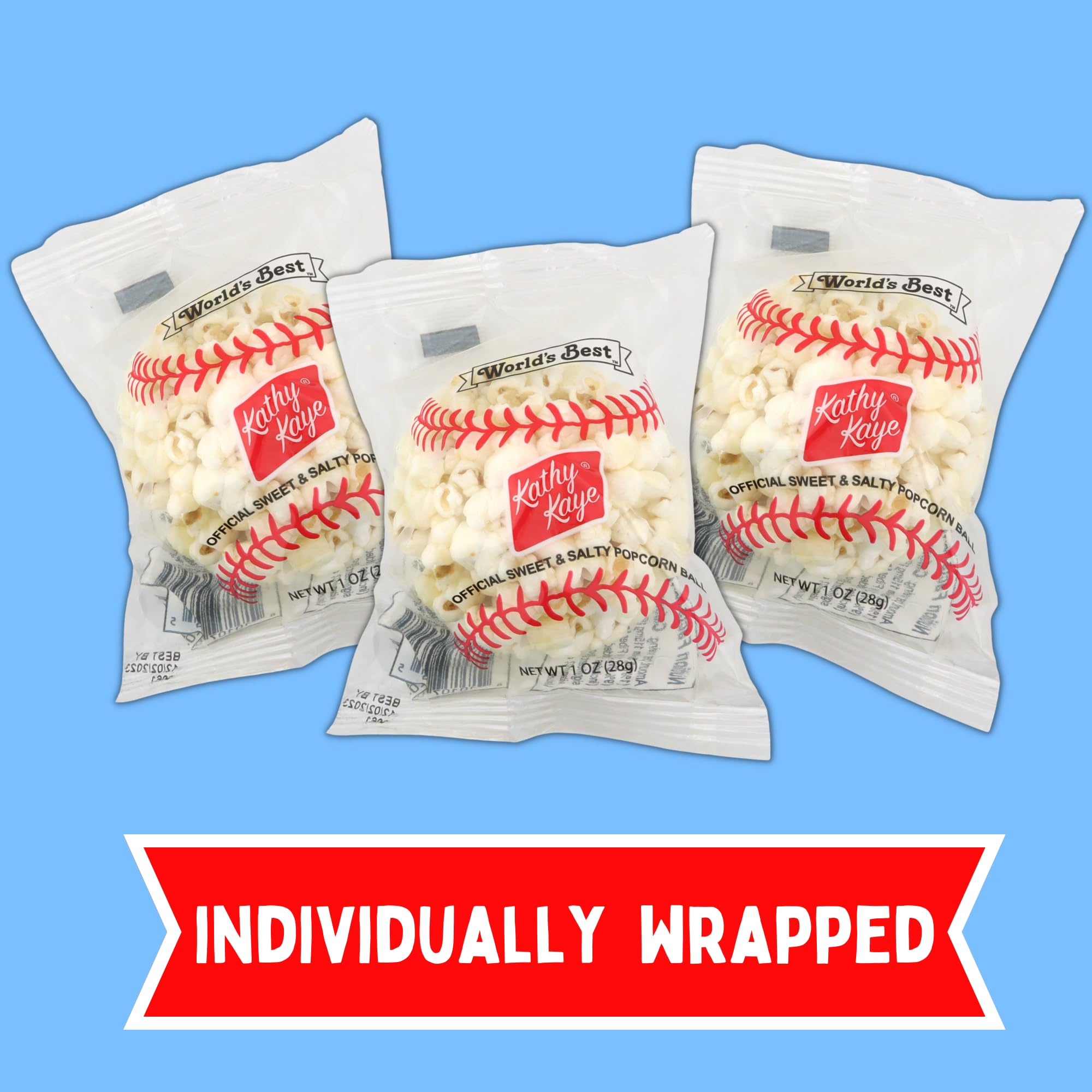 Kathy Kaye Baseball Themed Popcorn Balls - 8 Individually Wrapped Salty Snacks (8oz) - Perfect for Sports Parties, Game Day Snacks & Team Treats