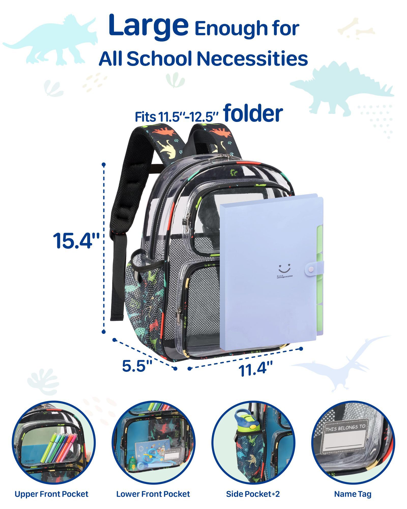 **Bagseri 15 Inch Clear Backpack for Boys & Girls - Heavy Duty Transparent School Bookbag for Kids Ages 3-7 | Black Dinosaur Design | Perfect for School, Travel & Theme Parks**