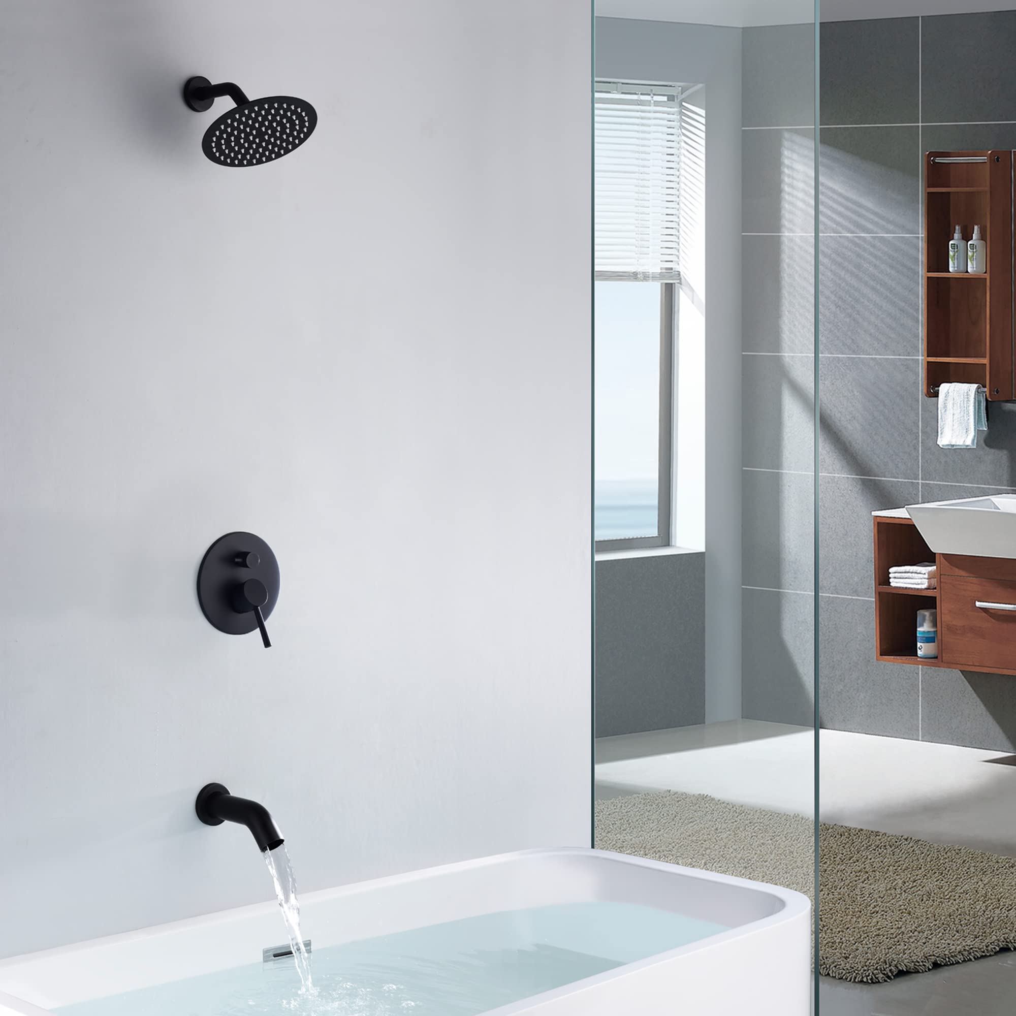 Sumerain Black Tub and Shower Trim Kit with Rough-in Valve - 8 Inch Rainfall Shower Head, Pressure Balance Cartridge & Tub Spout for Bathroom Remodeling and Luxury Shower Experience