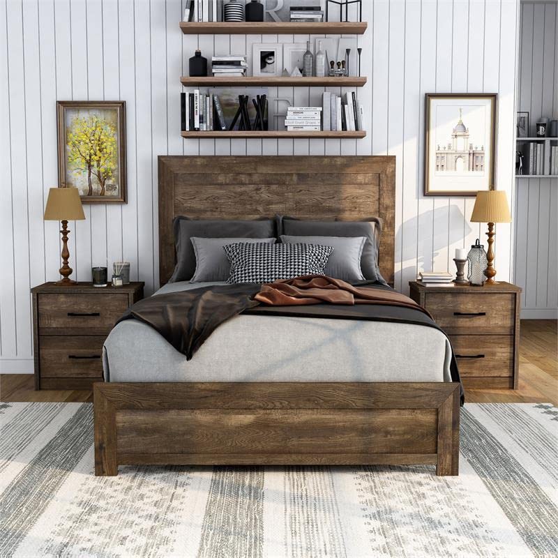 Furniture of America Kodo 3-Piece Walnut Wood Bedroom Set - Full Size Bed with 2 Nightstands | Modern Bedroom Furniture for Home Decor & Small Spaces