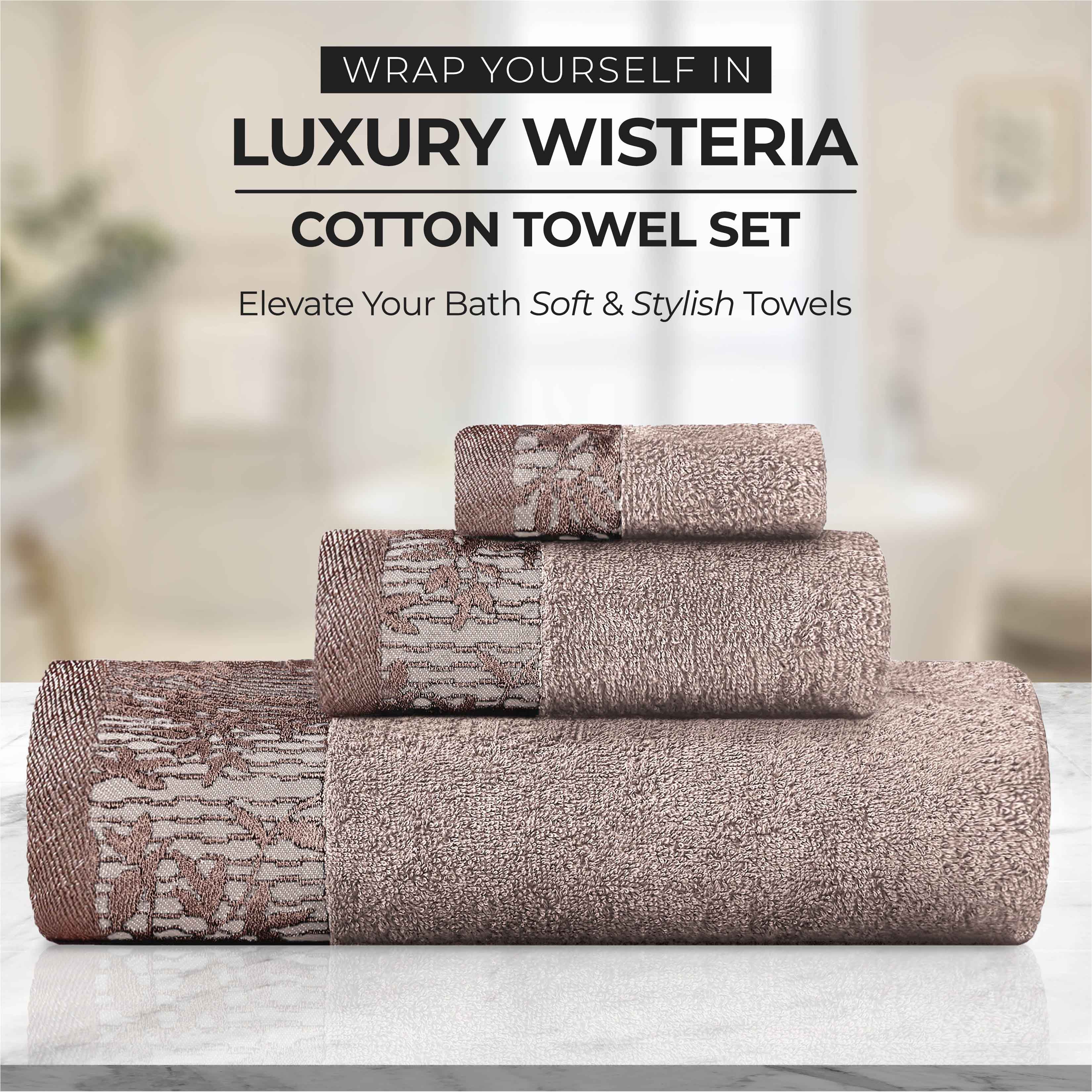 Premium Wisteria Cotton Floral Embroidered Jacquard Border Bath Towel Set of 2 - Soft Absorbent Luxury Towels for Spa, Bathroom & Guest Use