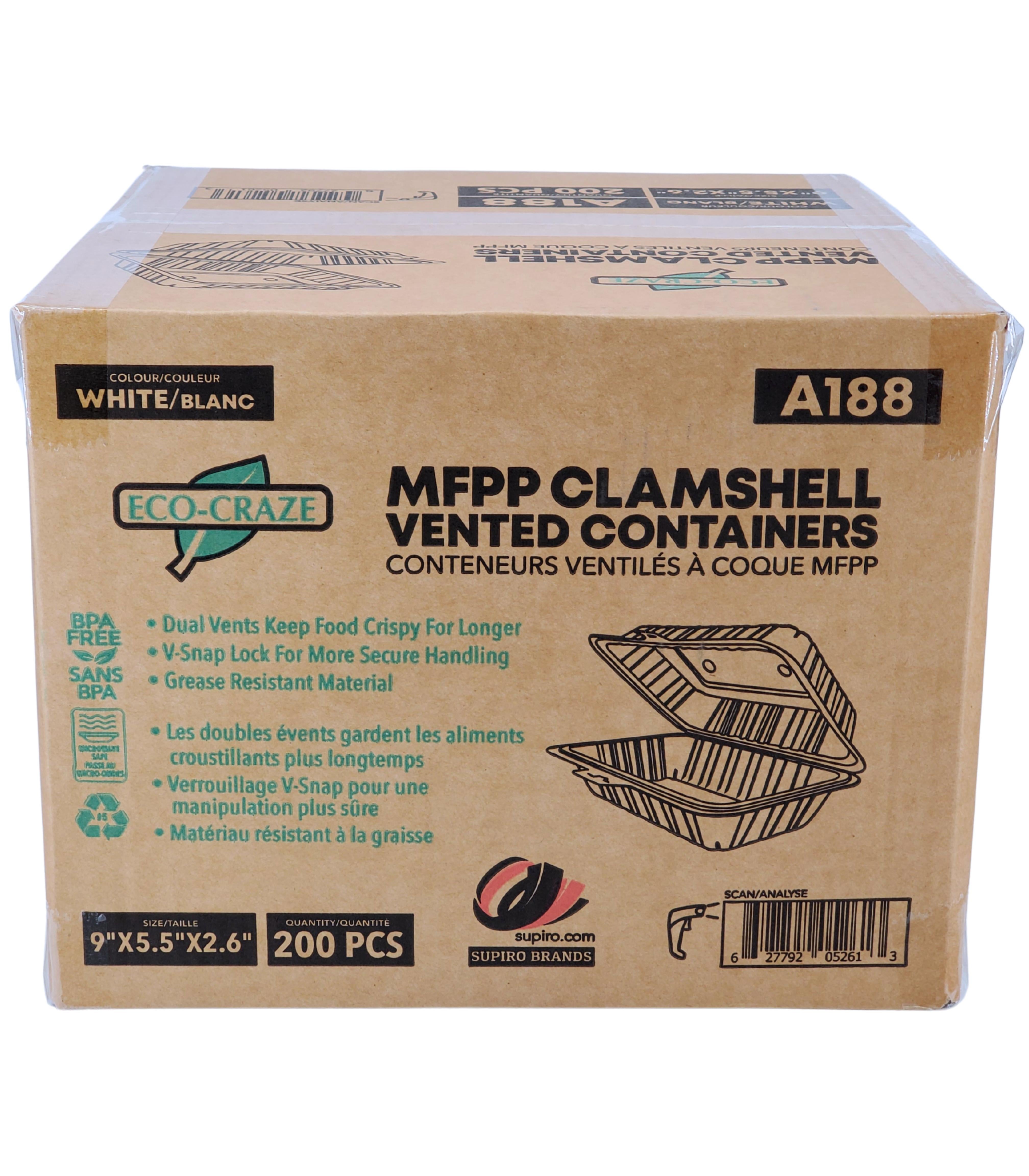 Eco-Friendly MFPP Clamshell Vented Container 9x5.5x2.6 Inches - A188 for Food Storage, Takeout & Retail Packaging