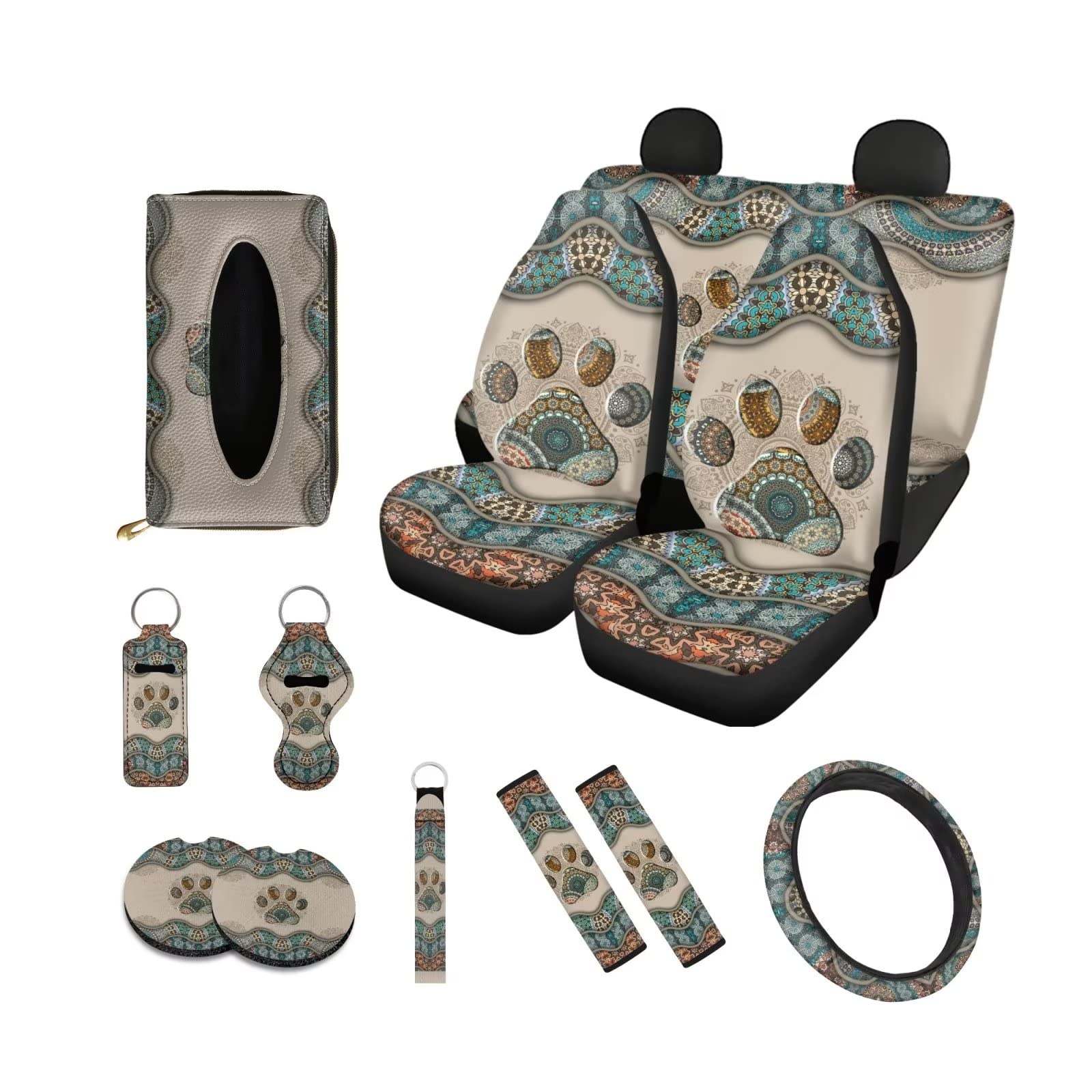 Poceacles 13PCS Boho Style Dog Paw Car Accessories Set - Car Seat Covers, Steering Wheel Cover, Cup Holders, Seat Belt Pads & Keychain for Women & Men - Universal Fit for Most Vehicles - Perfect for Pet Lovers & Road Trips
