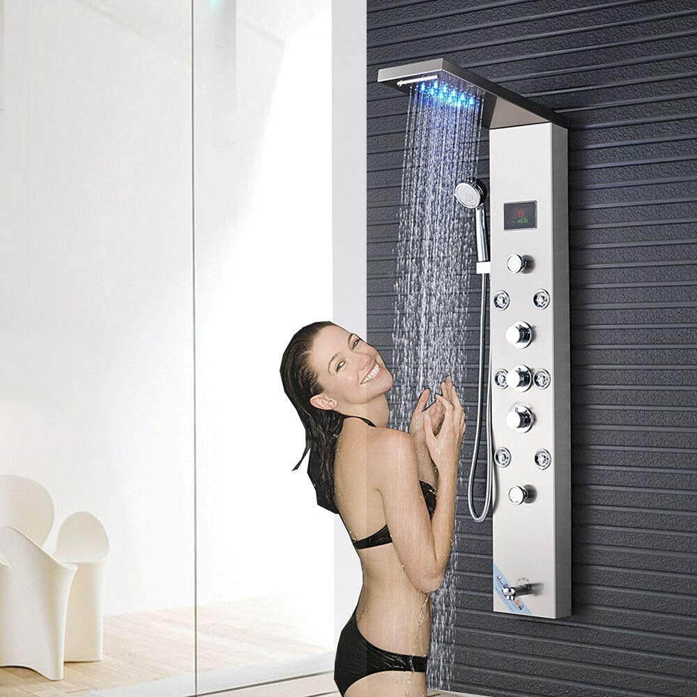 Premium Wall Mounted Bathroom Shower Panel Tower System - 8 Function LED Rainfall Showerhead, Massage Jets, Handheld Shower & Brushed Nickel Finish for Spa-Like Luxury Shower Experience | Perfect for Master Bathroom Renovation & Modern Home Upgrade