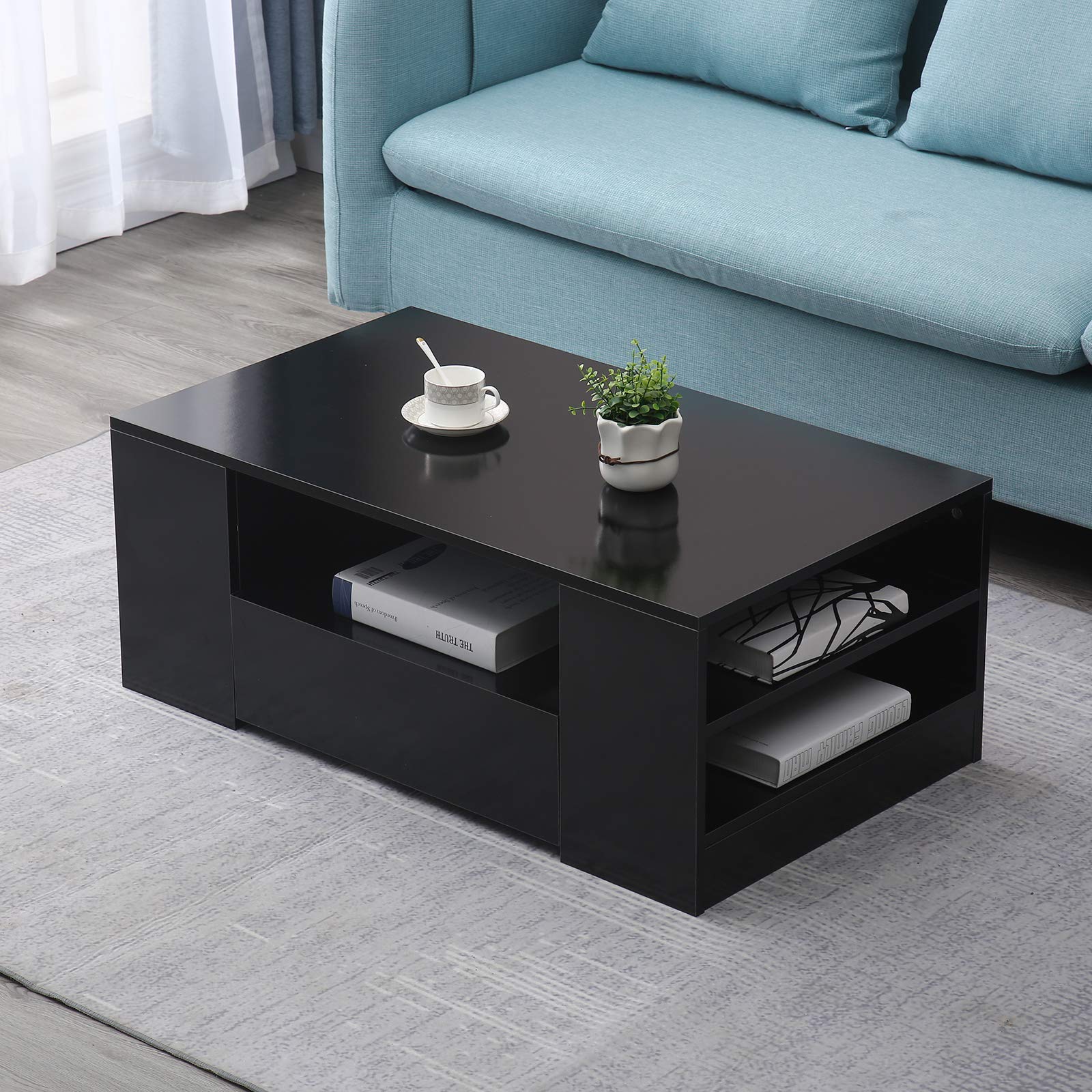YIYIBYUS 37 Inch Modern High Gloss Coffee Table with LED Light and Drawer - Black End Table for Living Room, Home Office & Bedroom - Stylish Side Table for Small Spaces & Modern Decor