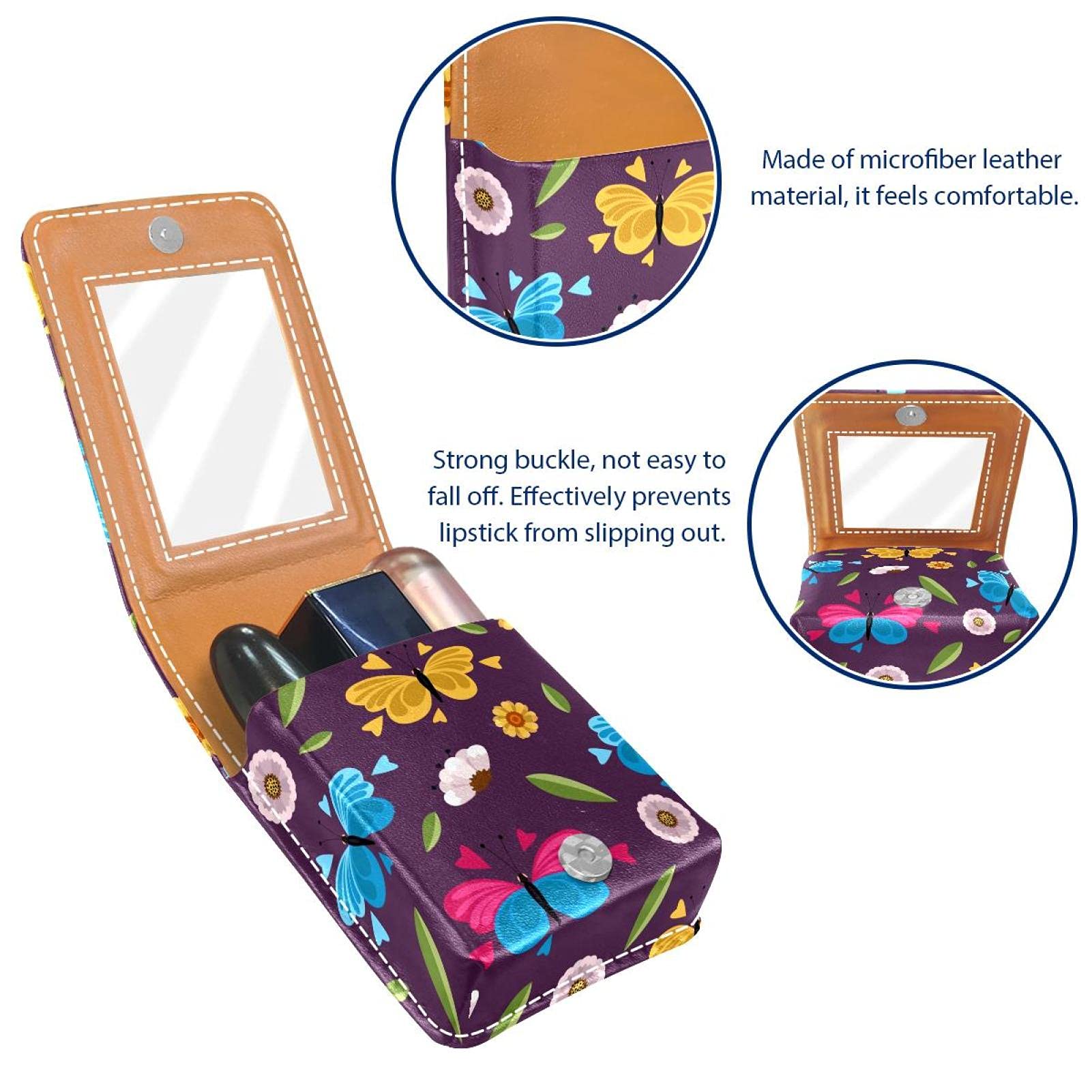 Butterfly Purple Portable Lipstick Organizer with Mirror - Mini Makeup Bag Holds Up to 3 Lipsticks - Perfect for Travel, Purse & On-the-Go Touch Ups