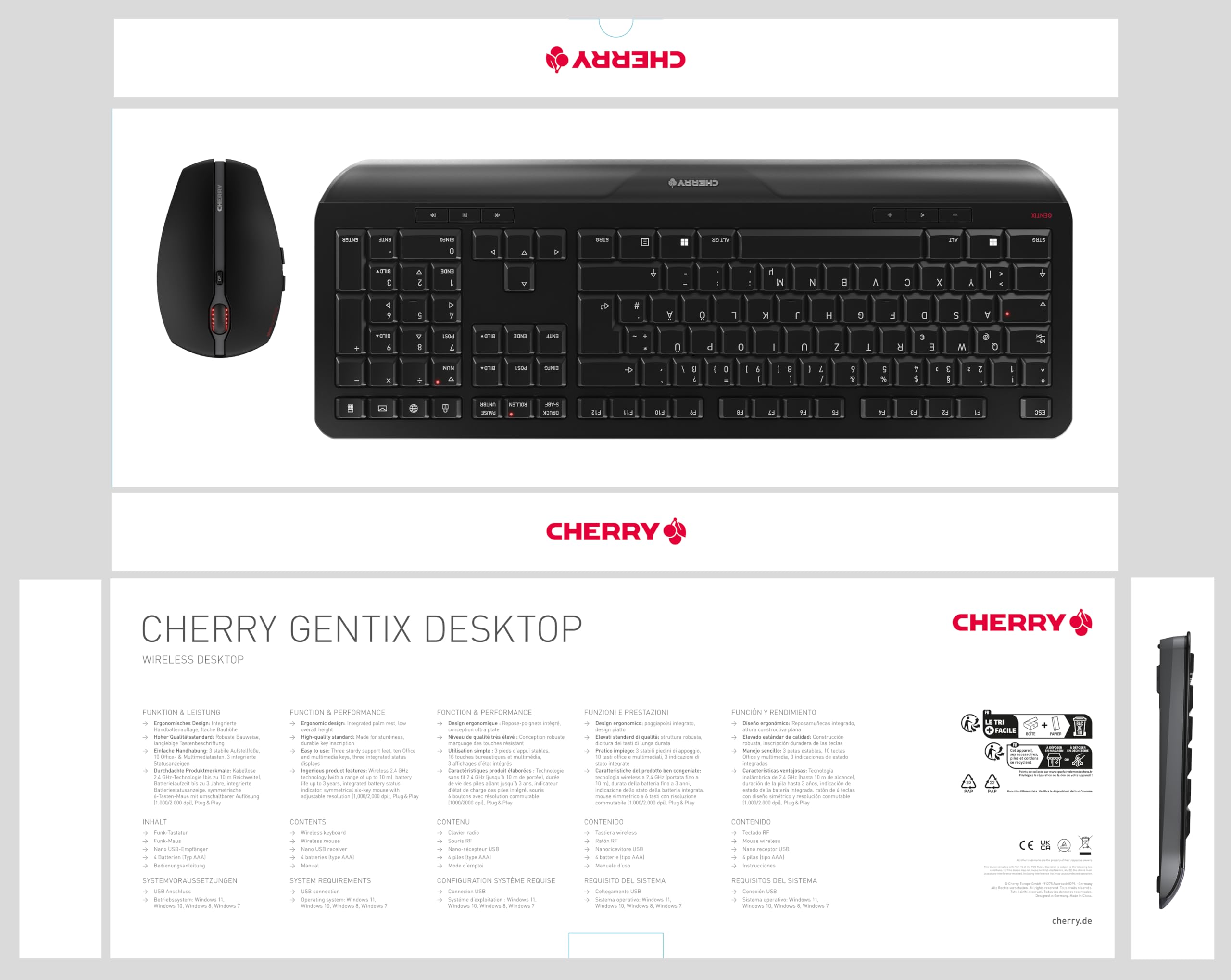 Wireless Keyboard and Mouse Combo for PC - CHERRY GENTIX Ergonomic Desktop Set with Quiet Click & 2.4GHz USB Receiver | Perfect for Home Office, Gaming, and Workstations