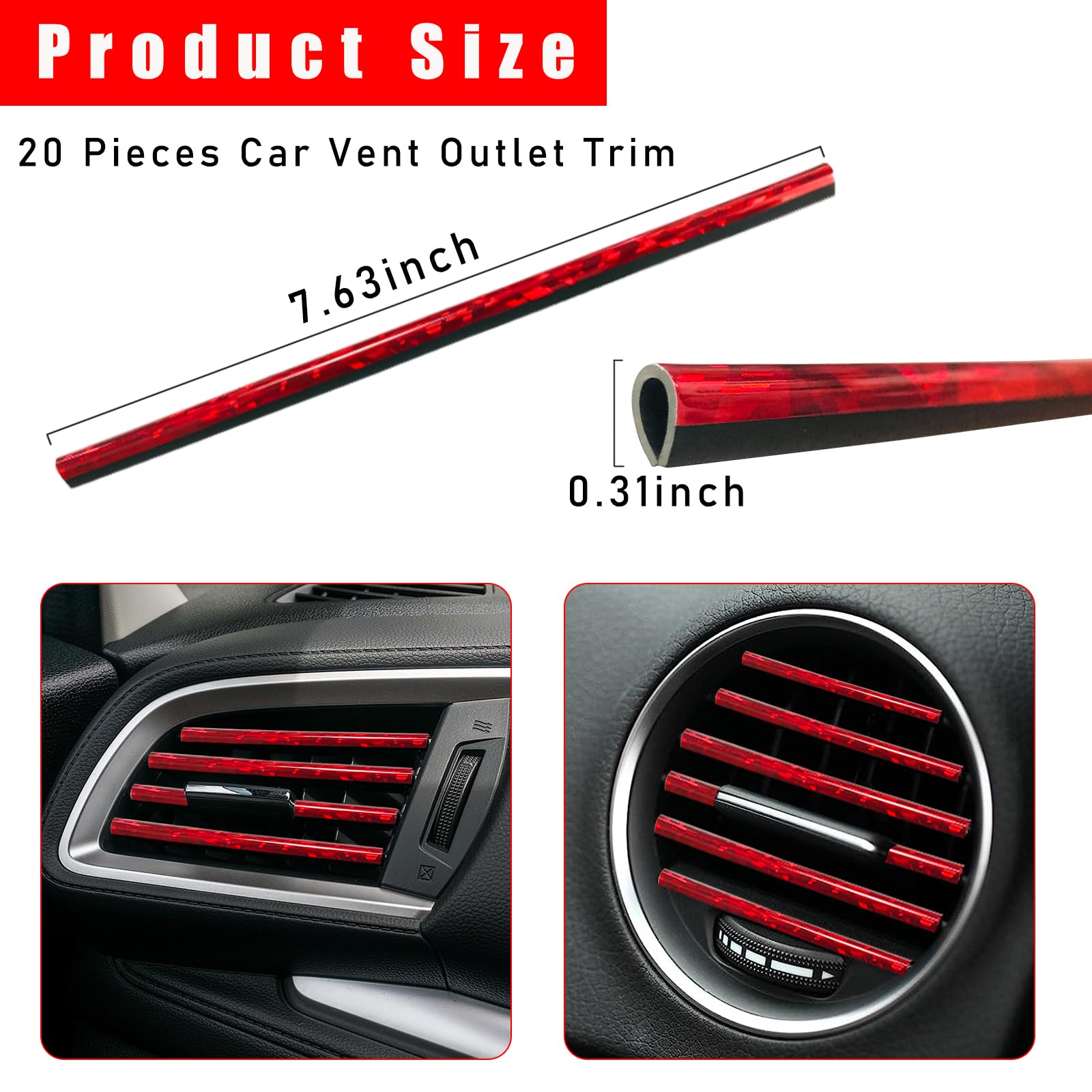 20 PCS Universal Car Air Vent Decorative Strips - Waterproof Bendable Auto AC Vent Trim, Shiny Red Vehicle Interior Accessories for Straight Vents | Perfect for Car Customization & Interior Styling