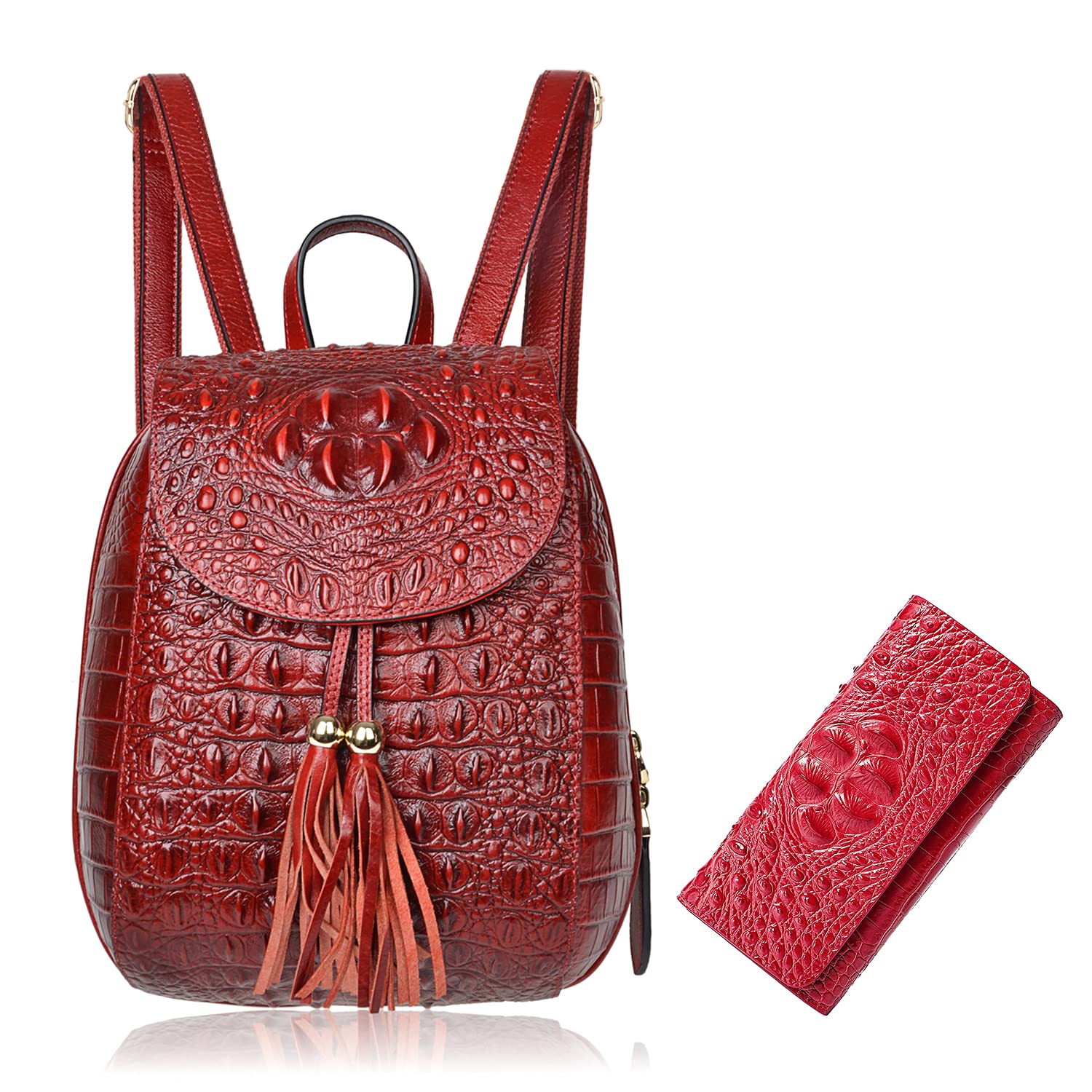 PIJUSHI Genuine Leather Backpack for Women - Stylish Crocodile Embossed Laptop Bag with Matching Wallet & Card Holder Set - Perfect for Work, Travel & Daily Use