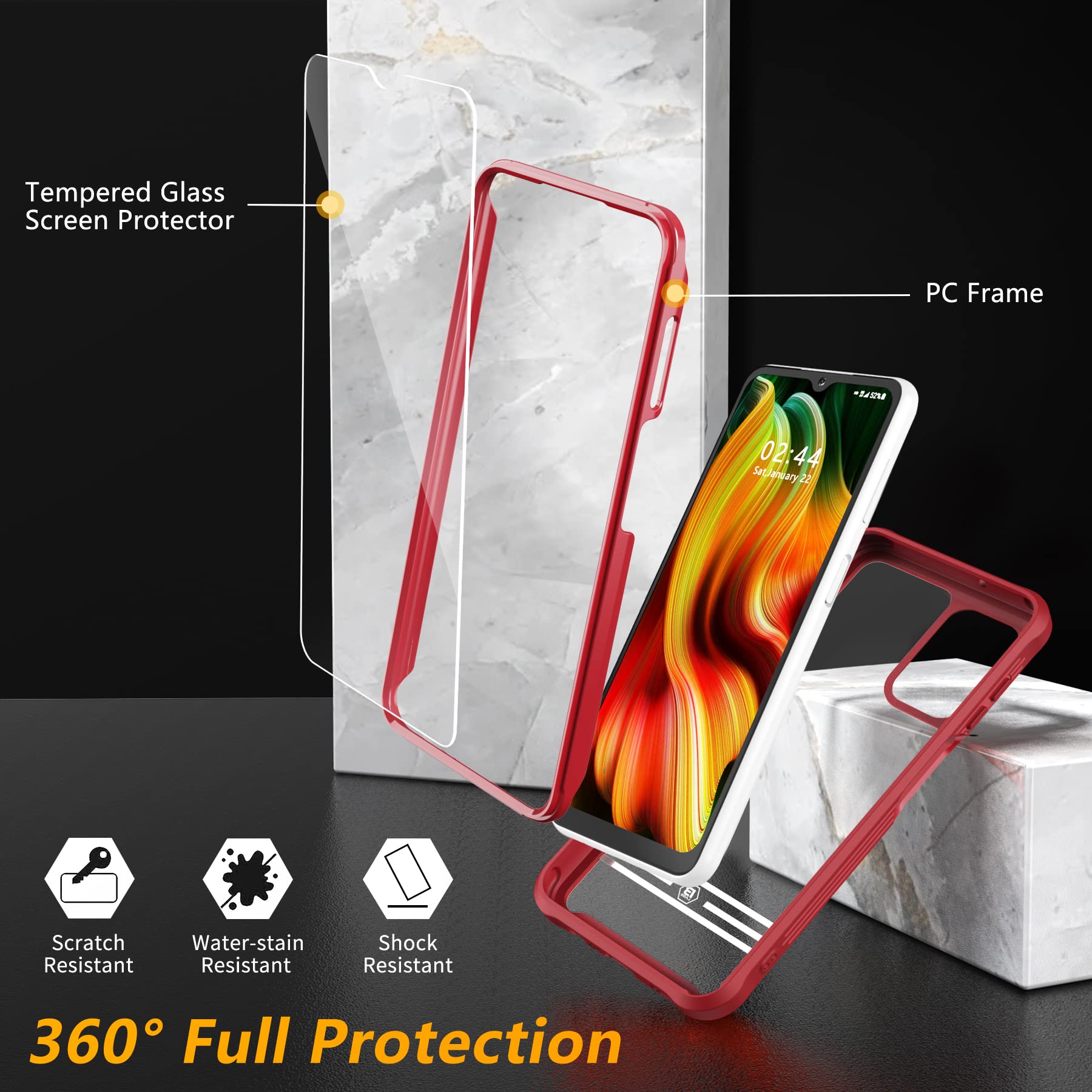 Samsung Galaxy A13 5G Case - Clear Hard Protective Phone Cover with Tempered Glass Screen Protector | Shockproof Bumper Design | Perfect for Everyday Use, Travel & Outdoor Activities (Red)