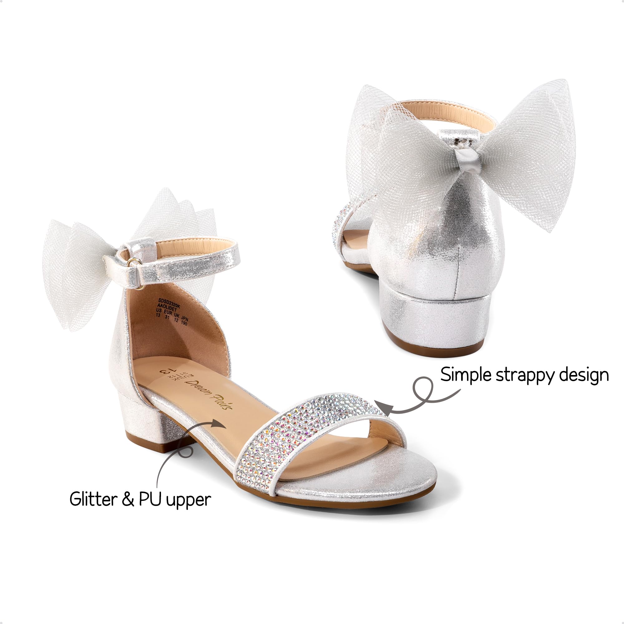 **Dream Pairs Girls' Low Heel Sandals with Interchangeable Bow & Flower Ankle Straps – Dress Pump for Weddings, Parties, and Special Occasions**    *(Perfect for flower girls, birthday celebrations, and formal events – stylish and comfortable for little and big kids!)*