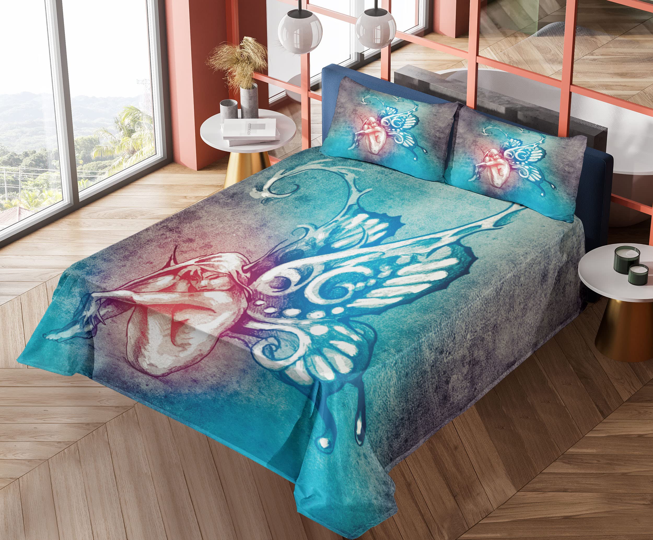 Ambesonne 4-Piece King Butterfly Sheet Set - Blue Purple Floral Design, Fitted & Flat Sheets with Pillowcases | Lightweight Bedding for Women, Home Decor, Master Bedroom, Guest Room