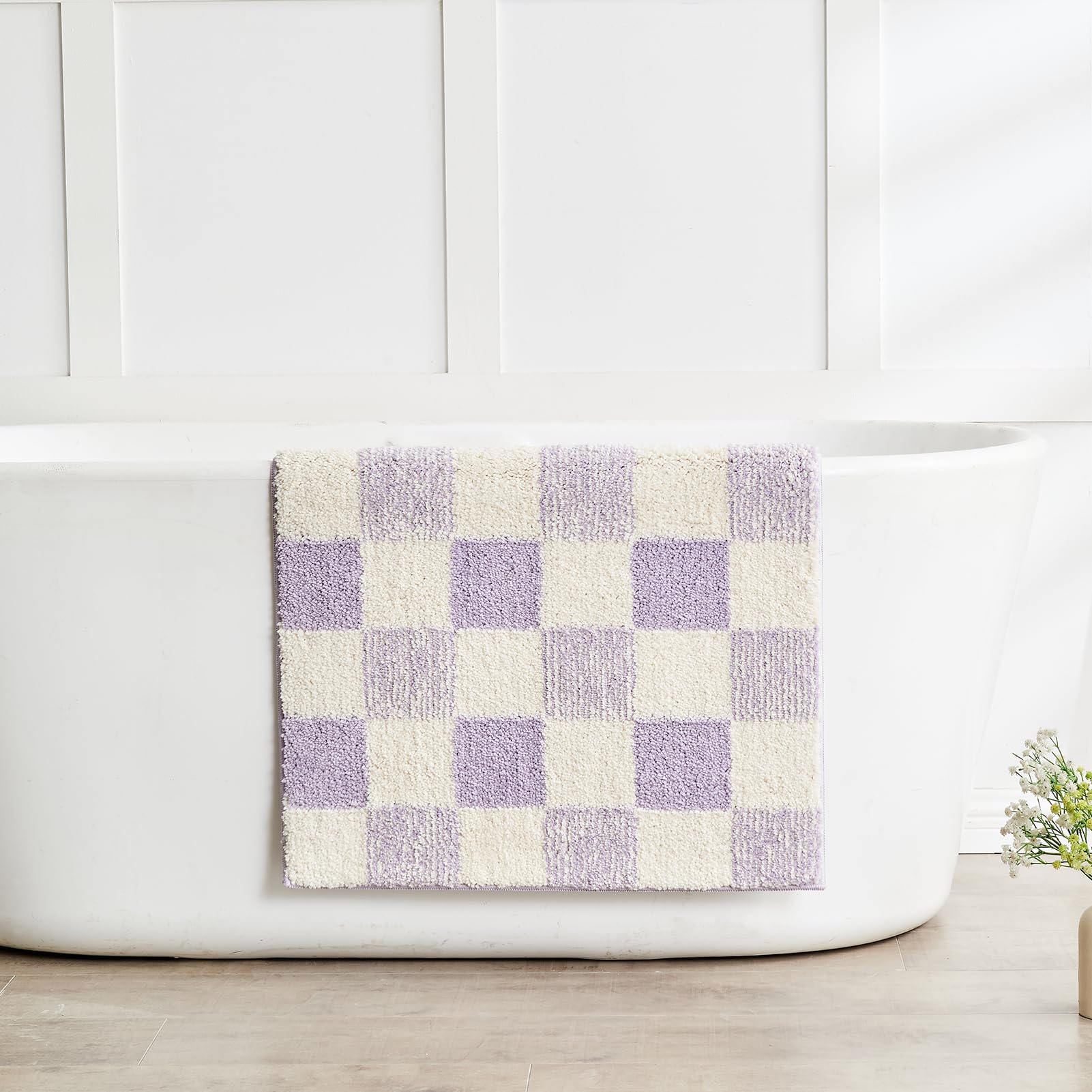 CozeCube Non-Slip Fluffy Microfiber Bath Mat - Absorbent Checkered Bathroom Rug for Shower & Sink, Washable & Soft, Aesthetic Purple Design (24