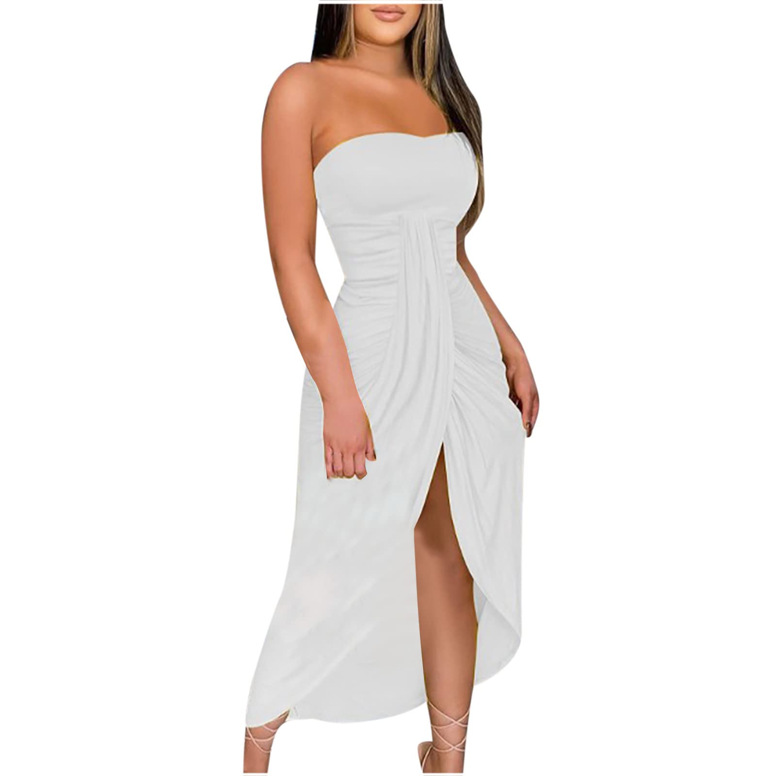 **Strapless Summer Dress for Women - Beach Cover Up, Party Long Dress with High Split, Solid Color Sundress | Perfect for Beach Outings, Pool Parties & Evening Events**