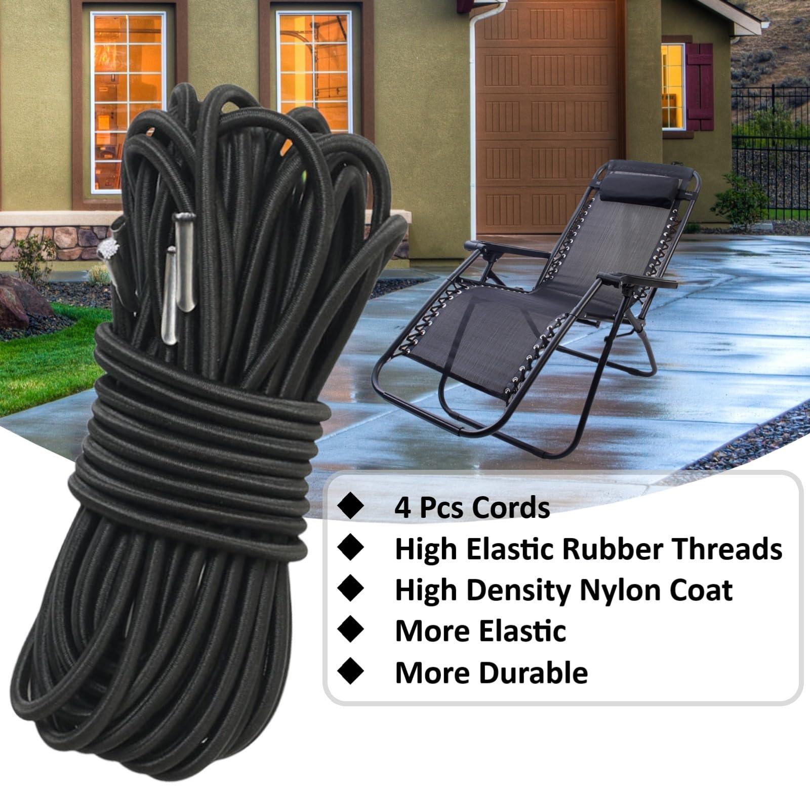 4 Pack Zero Gravity Chair Cord Replacement - Heavy Duty Elastic Bungee Cord for Patio Recliner, Lawn, Beach & Lounge Chairs - Durable Nylon Stretch String for Outdoor Relaxation (Perfect for Backyard, Poolside & Camping Use)
