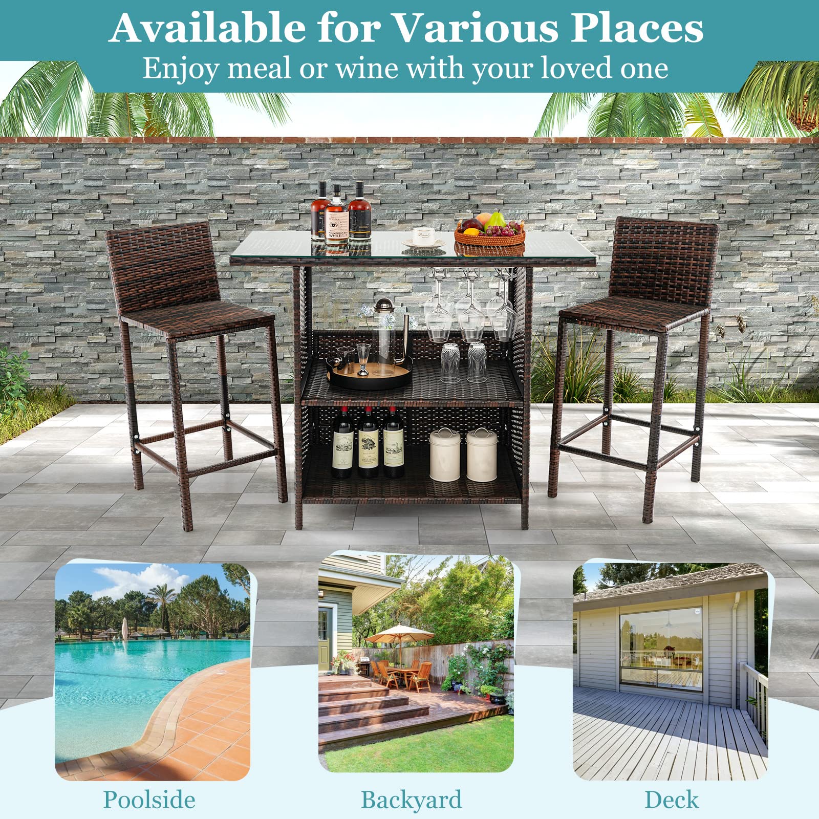 **Tangkula 3-Piece Outdoor Bar Set - Wicker Patio Bar Table & 2 Stools with Stemware Racks, Hidden Storage & Tempered Glass Top - Perfect for Backyard, Poolside, Garden (Mix Brown)**