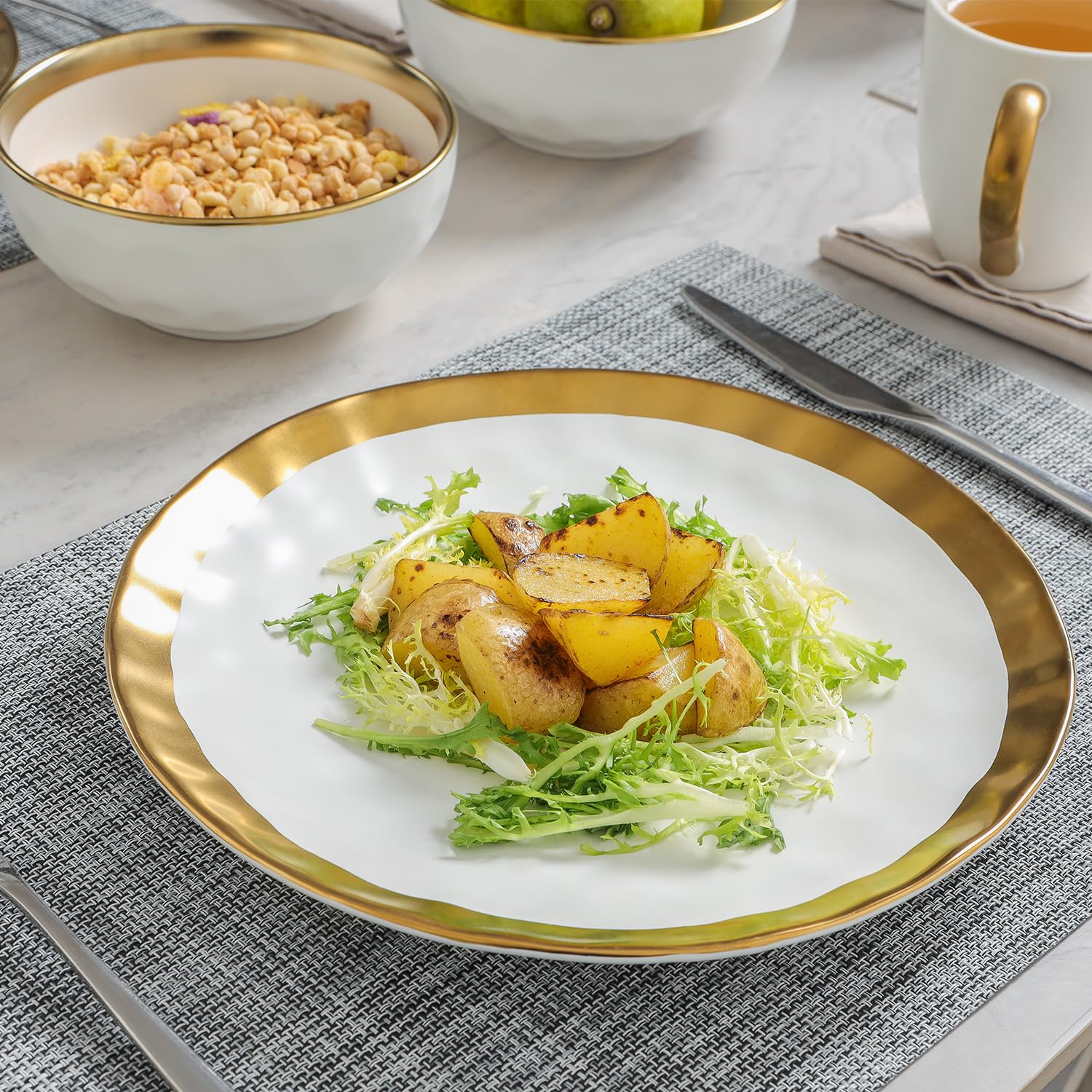 Vicrays 8 Inch Ceramic Dessert Salad Plates Set of 6 - Round Scratch Resistant Dishwasher Safe Appetizer Plates for Home & Restaurant Use - Elegant White with Gold Trim - Perfect for Dinner Parties, Weddings & Holiday Gatherings