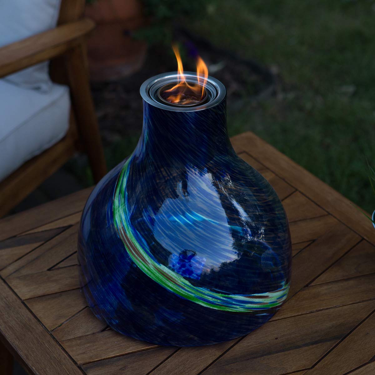 EchoFlame Magnum Glass Tabletop Fireplace - Indoor/Outdoor Portable Gel Fuel Burner with Certified Safe EchoFlame Gel-Fuel Cans - Blue/Green (11.75