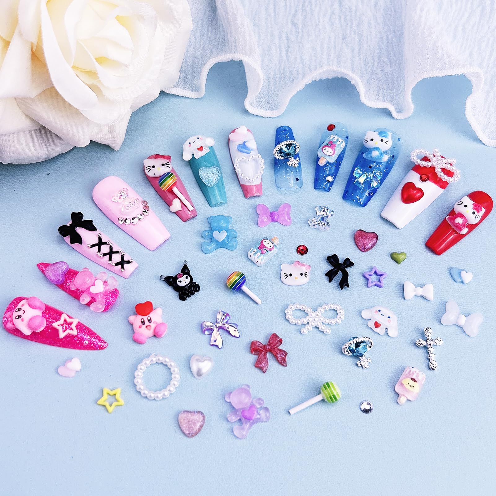 3D Nail Charms Kit - Kawaii Kitty, Bowknot, Lollipop, Bear, Planet & Cross Nail Art Decorations with Rhinestones & Pearls for DIY Nail Design - Perfect for Manicures, Salon Use & DIY Crafts Accessories