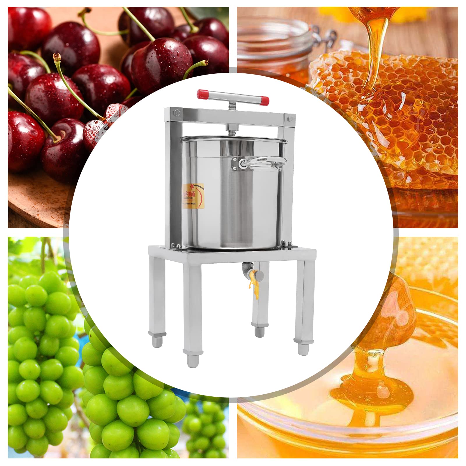 13.25L/3.5Gal Stainless Steel Manual Fruit Wine Press - Adjustable Stand for Grape, Cider, Cheese, Herbs, Olive Oil & Honey | Home Brewing, Winemaking & DIY Kitchen Equipment (Silver)