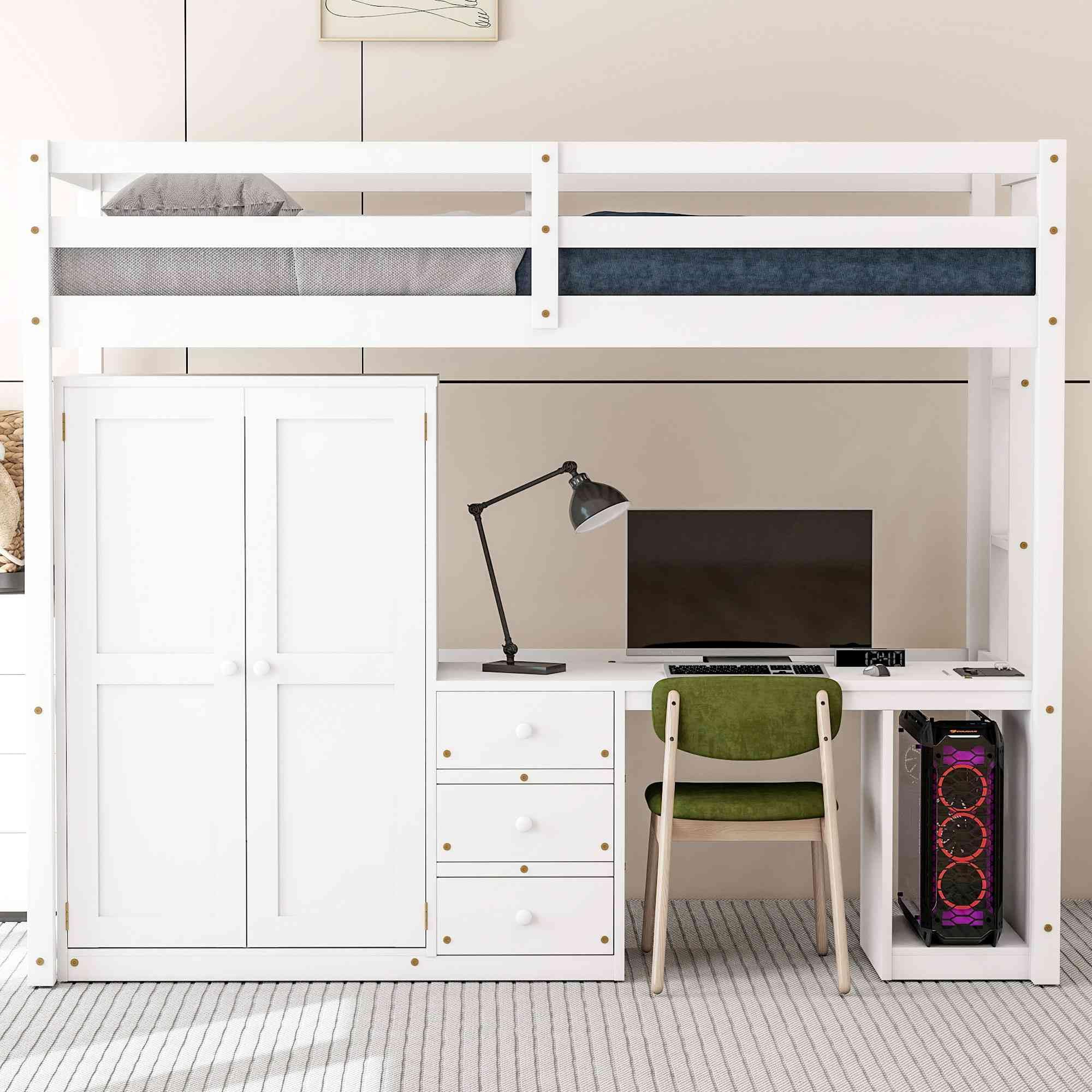 ATY Twin Size Loft Bed with Wardrobe & 3 Drawers - Solid Wood Bed Frame with Built-in Desk & Computer Space - Multifunctional Kids Bedroom & Dorm Furniture - No Box Spring Needed - White - Perfect for Small Spaces, Teen Rooms & College Dorm Organization