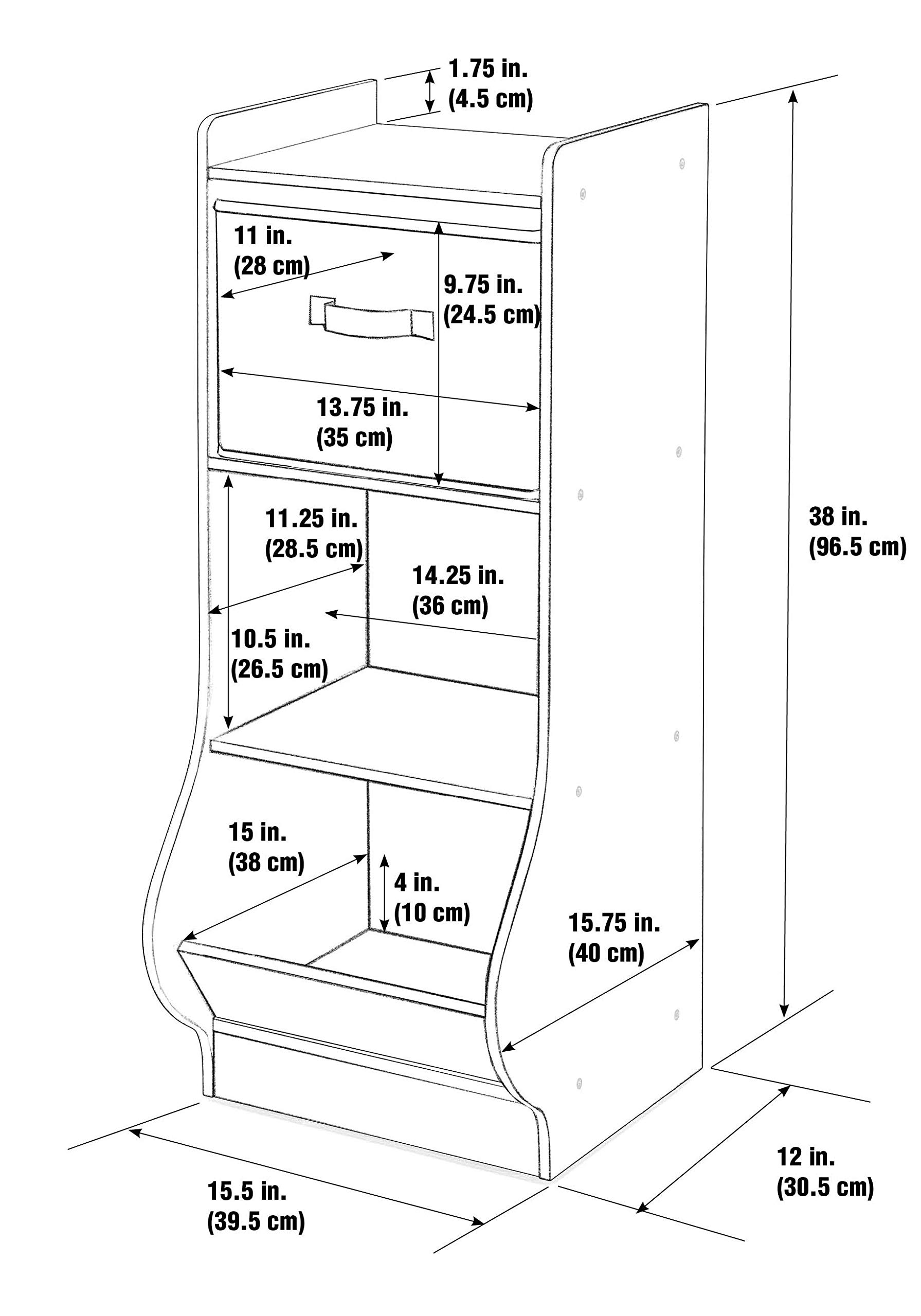 Badger Basket White Upright Storage Nook with Reversible Basket - Melamine Surface, 2 Shelves & Angled Bin - Customizable Kids Storage Organizer for Bedroom, Playroom & Nursery Organization