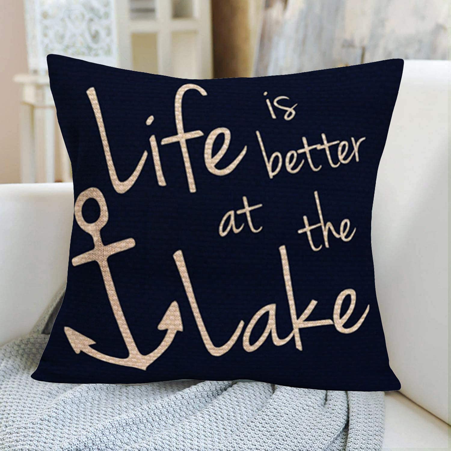 Smilyard Lake Life Inspirational Quote Linen Pillow Cover 18x18 Inch - Decorative Throw Cushion for Sofa, Outdoor & Home Decor - Perfect for Living Room, Patio, and Lake House Relaxation
