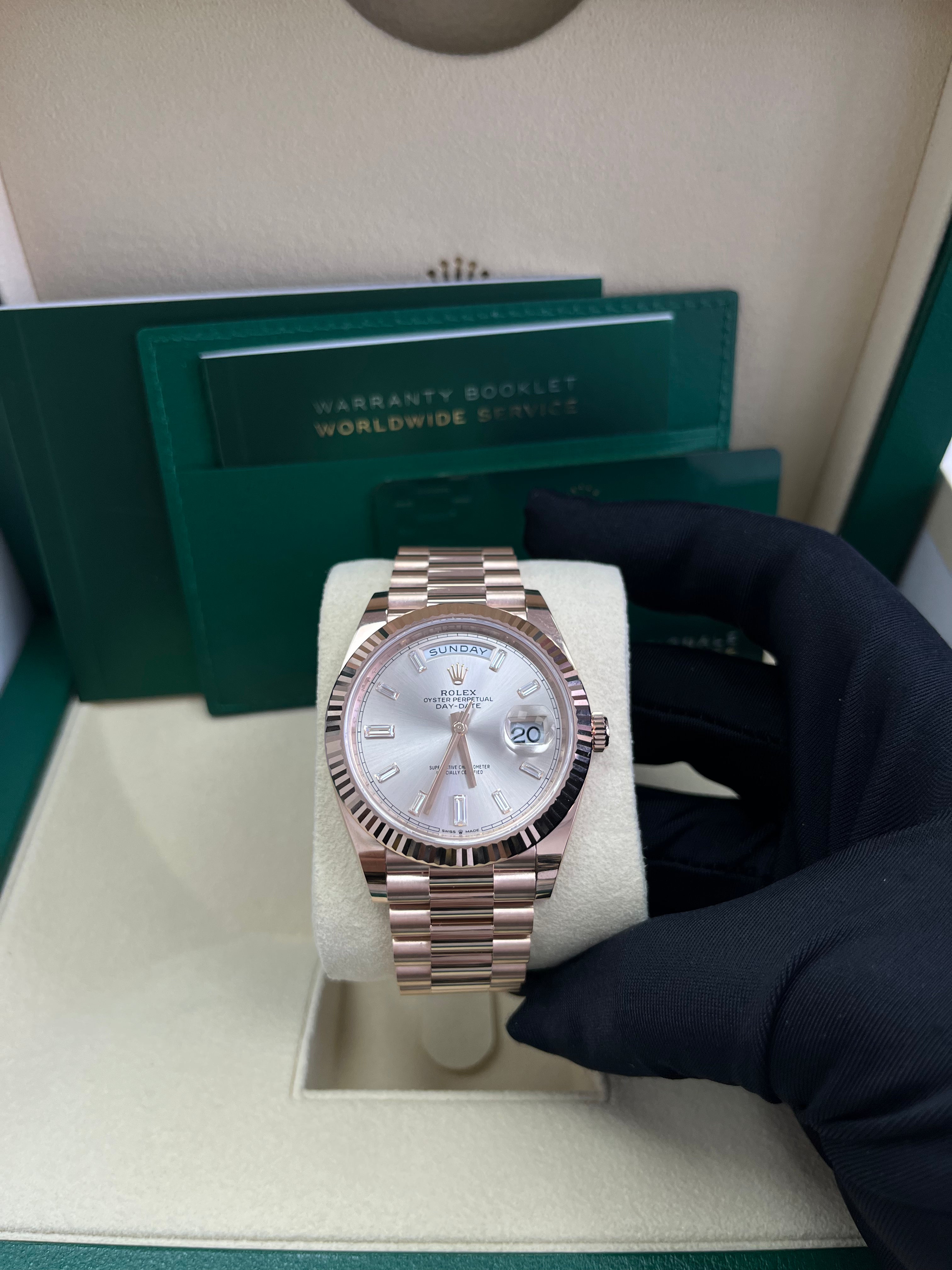 Rolex Day Date 40 Watch - 18K Yellow Gold, Fluted Bezel, Sundust Baguette Diamond Dial, President Bracelet 228235 | Luxury Dress Watch for Business & Formal Occasions