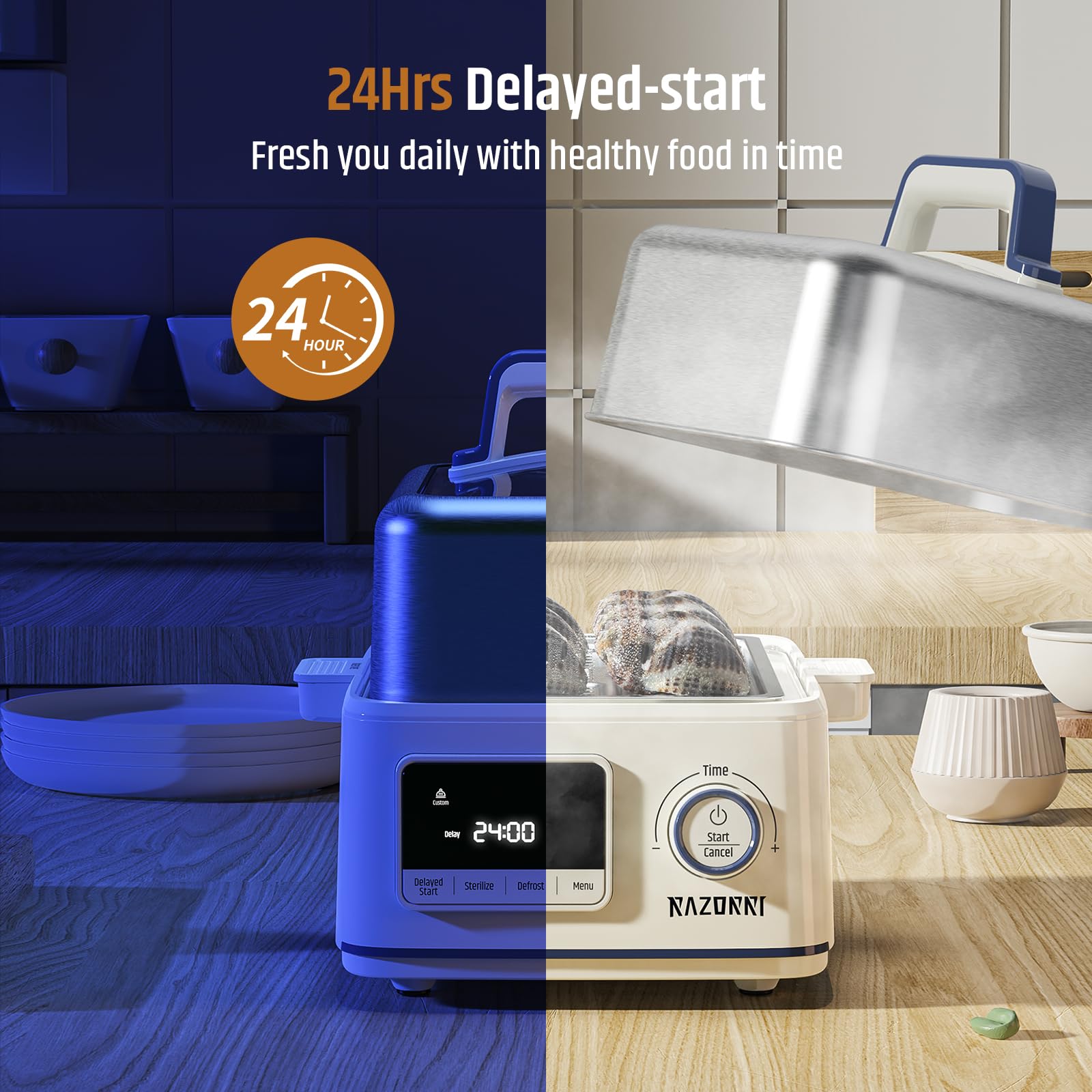 Razorri 5-Quart Electric Food Steamer with Timer, 24-Hour Delay Start & Auto Keep Warm - Stainless Steel Steamer for Vegetables, Poultry, Seafood, Grains - Perfect for Healthy Cooking, Meal Prep & Family Dinners