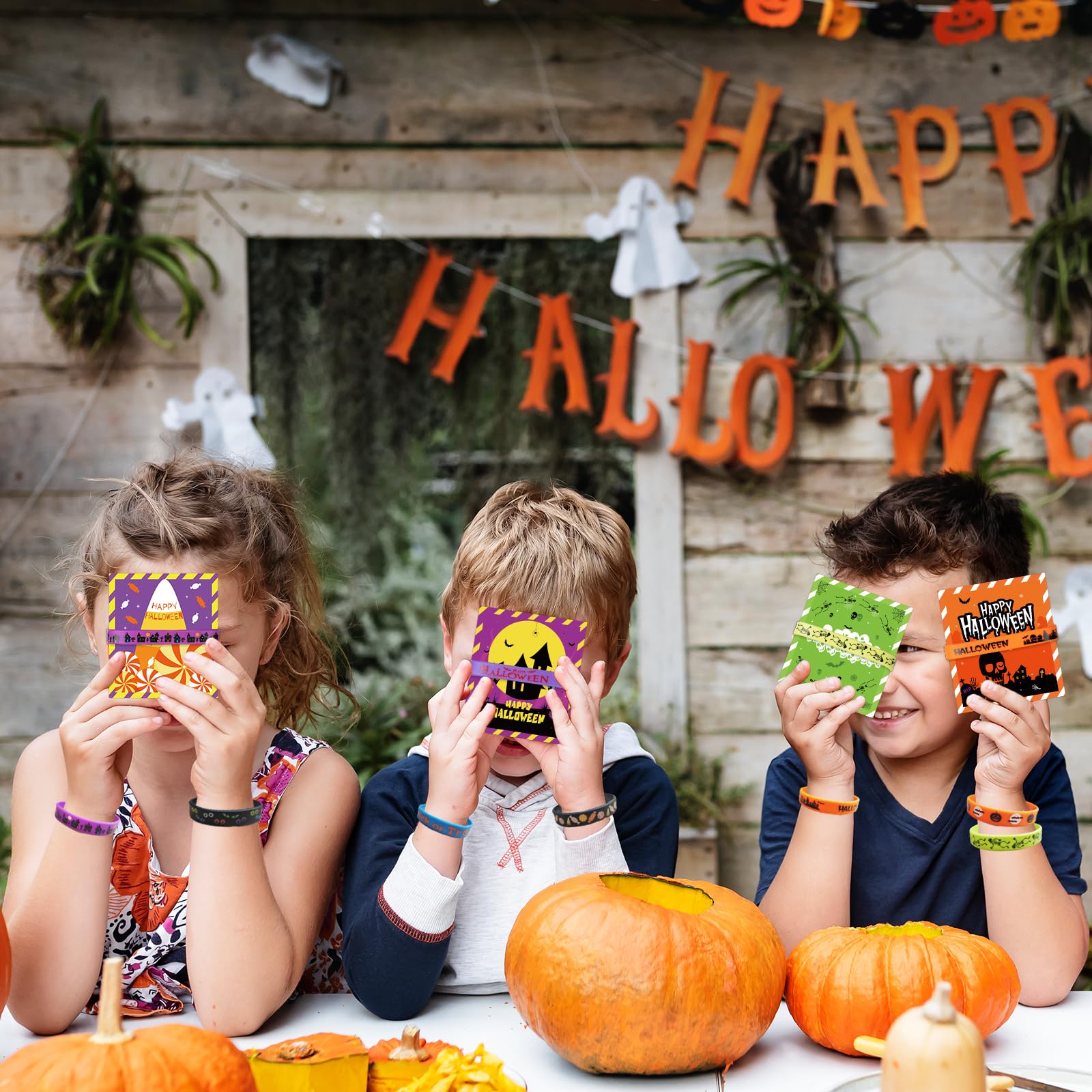 GuassLee 40pcs Halloween Party Favors for Kids - Silicone Rubber Bracelets & Cards Set, Trick or Treat Gifts, Halloween Giveaways & Goodie Bag Fillers - Perfect for Classroom Parties, Costume Events & Neighborhood Halloween Fun