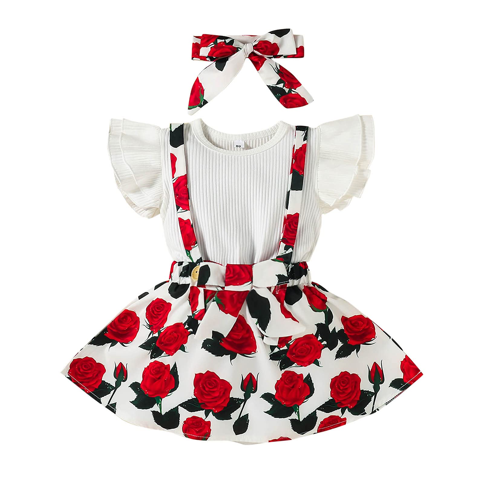 Qwent Girls Outfits Set - Newborn Baby Girls Solid Ribboned Tops + Floral Suspenders Skirts + Headbands 3-Piece Set | Cute Outfits for Photoshoots, Birthday Parties & Special Occasions