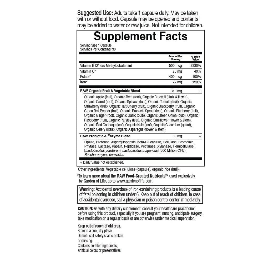 Garden of Life Vitamin Code Raw Iron Supplement - 60 Vegan Capsules for Energy & Immunity Support - Perfect for Active Lifestyles & Vegetarian Diets