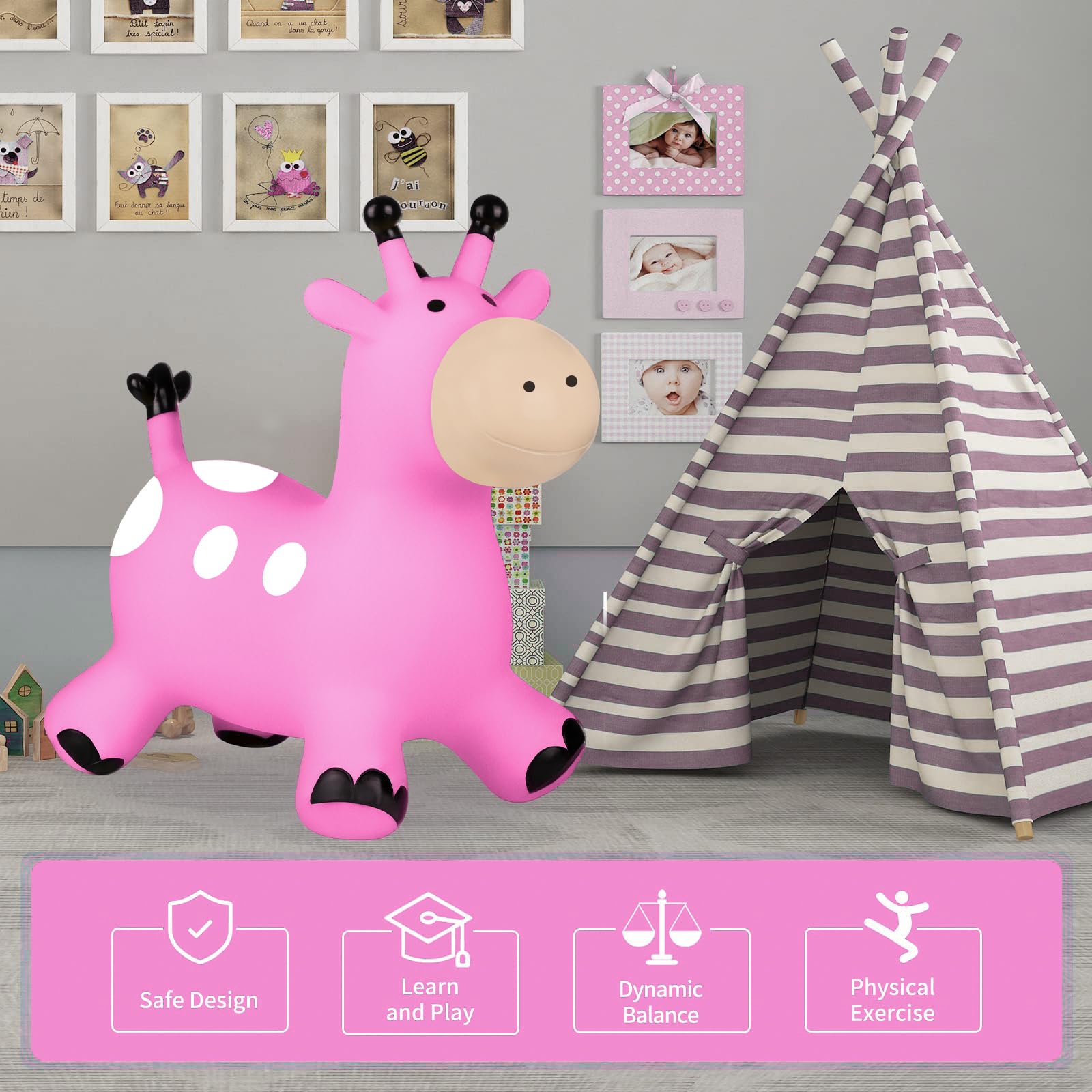 INPANY Giraffe Pink Bouncy Horse Hopper - Inflatable Jumping Toy for Toddlers Ages 2-4 | Indoor & Outdoor Ride-On Animal Hopper | Fun Birthday Gift for 18-24 Month Old Boys & Girls | Perfect for Playtime, Parties, and Backyard Activities