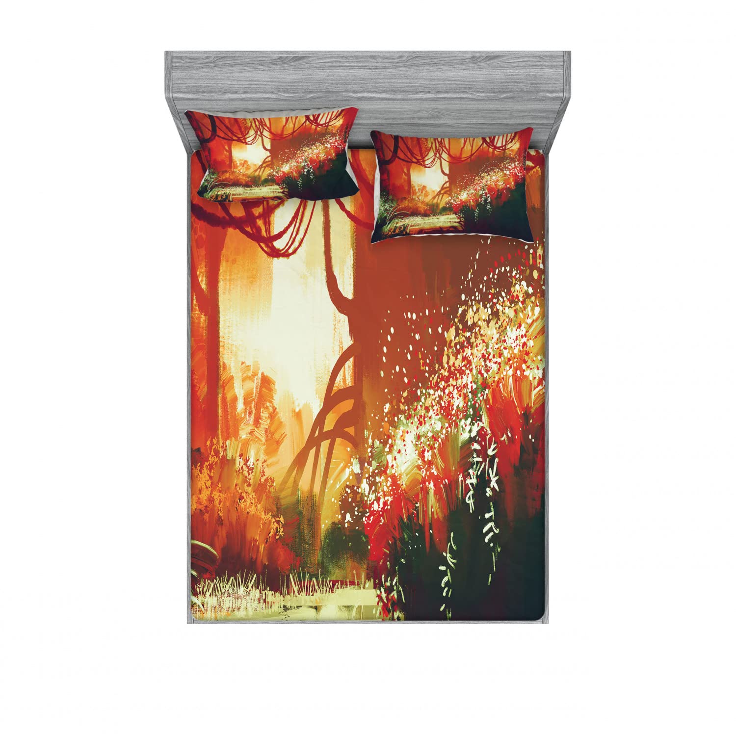 Ambesonne 2-Piece Queen Size Fitted Sheet Set with 4 Pillow Shams - Modern Autumn Forest Design in Orange & Green - Soft Bedding for Cozy Fall Bedroom Decor - Perfect for Guest Rooms, Dorms & Seasonal Home Styling