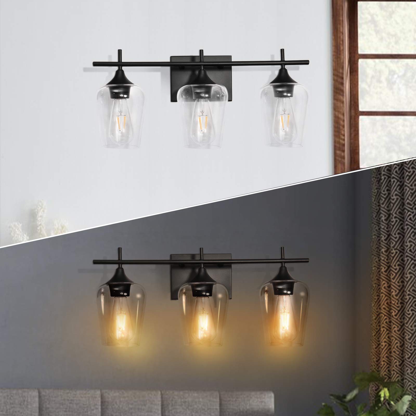 Modern Black 3-Light Bathroom Vanity Fixture with Clear Glass Shade - Wall Sconce Lighting for Bathroom, Bedroom, Living Room, Staircase, Gallery & Restaurant Decor | Perfect for Vanity Mirror Lighting, Hallway Ambience & Dining Area Accent