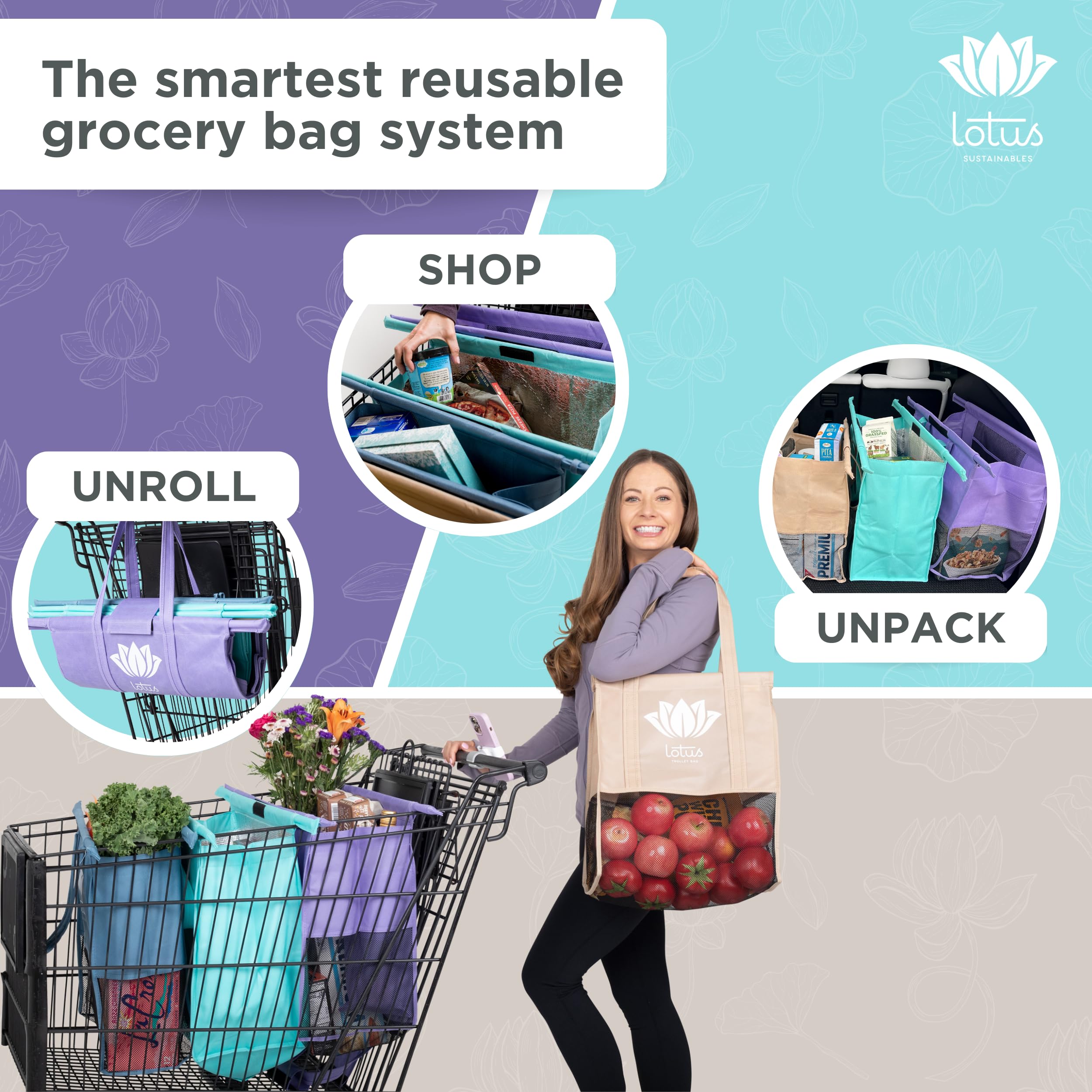 Lotus Reusable Shopping Cart Bags Set of 4 - Insulated Grocery Tote with Cooler Pockets & Egg/Wine Holder - Foldable Washable Grocery Organizer for Supermarket, Farmers Market & Bulk Shopping - Perfect for Grocery Hauling, Food Storage & Picnic Trips