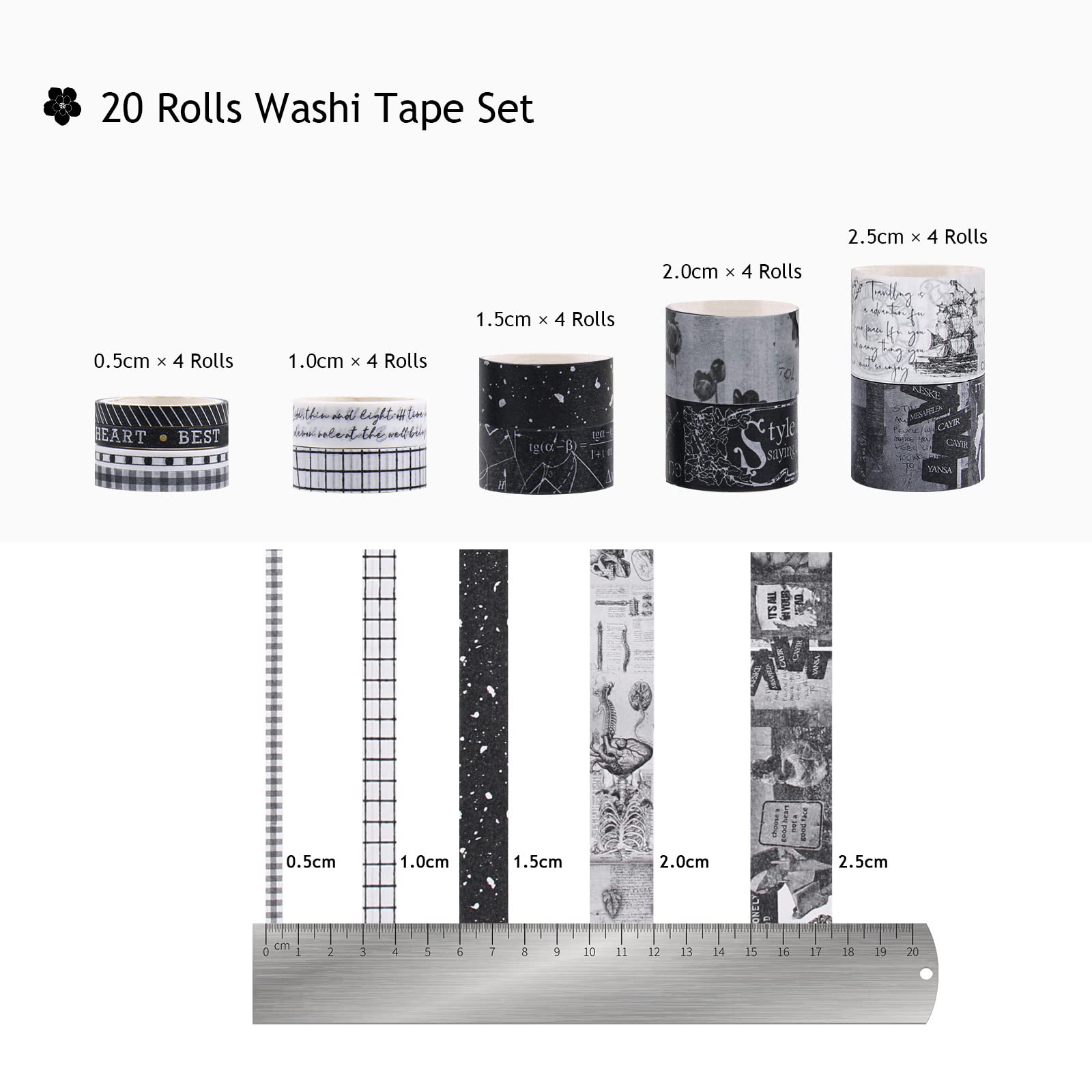 Gothic Aesthetic Black and White Washi Tape Set - 20 Rolls Japanese Decorative Tape for Scrapbooking, Journaling, Planner & DIY Crafts - Perfect for Bullet Journals, Gift Wrapping & Home Decor