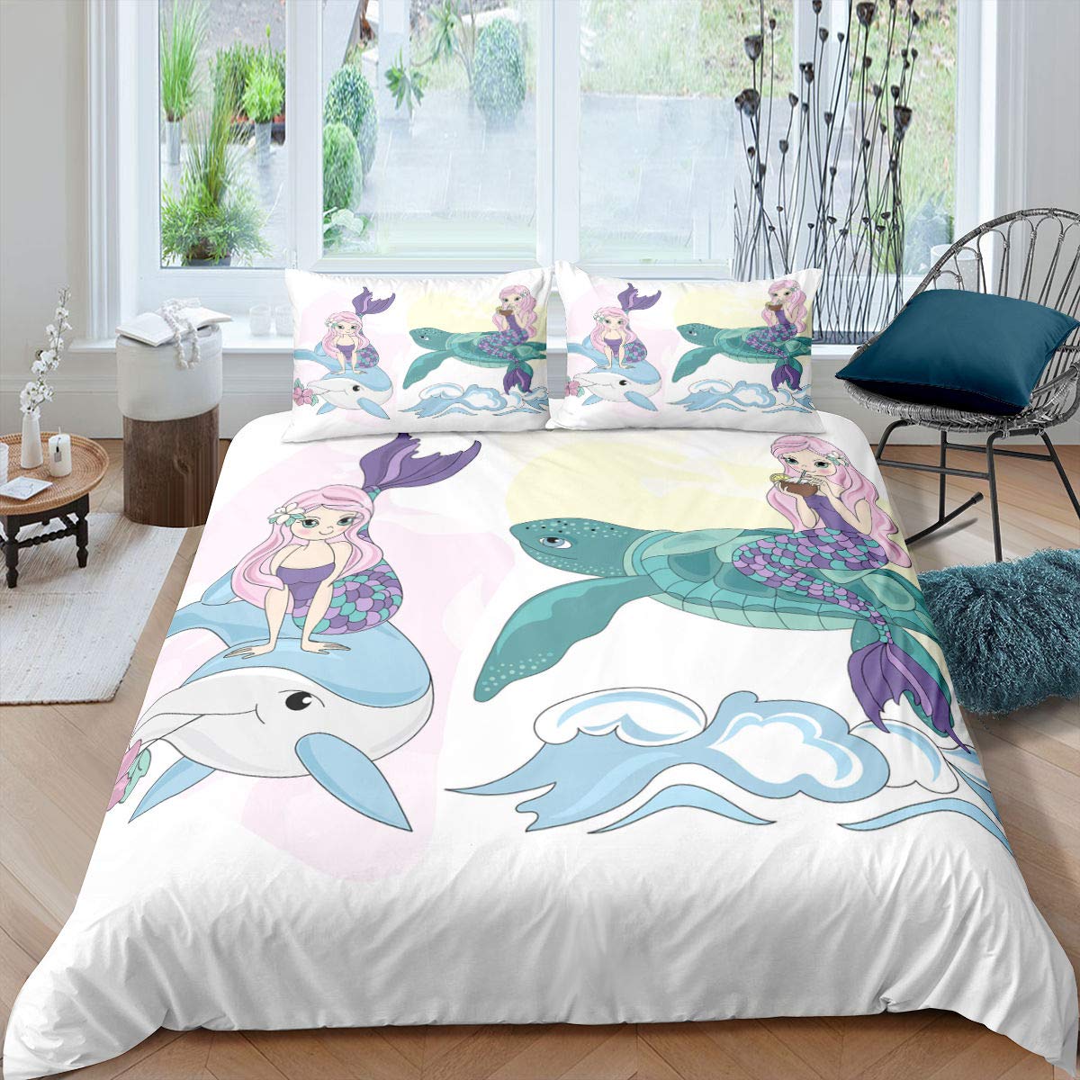 Mermaid & Ocean Animal Comforter Set for Kids - Turtle Dolphin Duvet Cover, Twin Size Pink, Includes 1 Pillowcase | Perfect for Girls' Bedroom Decor, Fairy Tale Themed Rooms & Underwater Adventure Playtime