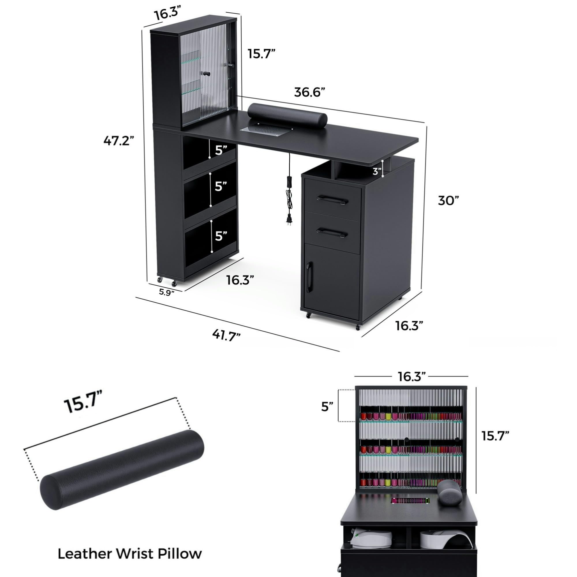 Professional Manicure Table Nail Desk with Glass Door Storage Cabinets & Wrist Rest - Acetone Resistant Beauty Salon Workstation with Built-in Dust Collector (Black) - Perfect for Nail Salons, Home Spa, and Professional Nail Technicians
