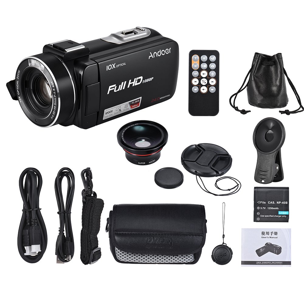 Andoer 1080P HD 24MP Digital Video Camera Camcorder with 0.39X Wide Angle Lens & Macro Lens, 3