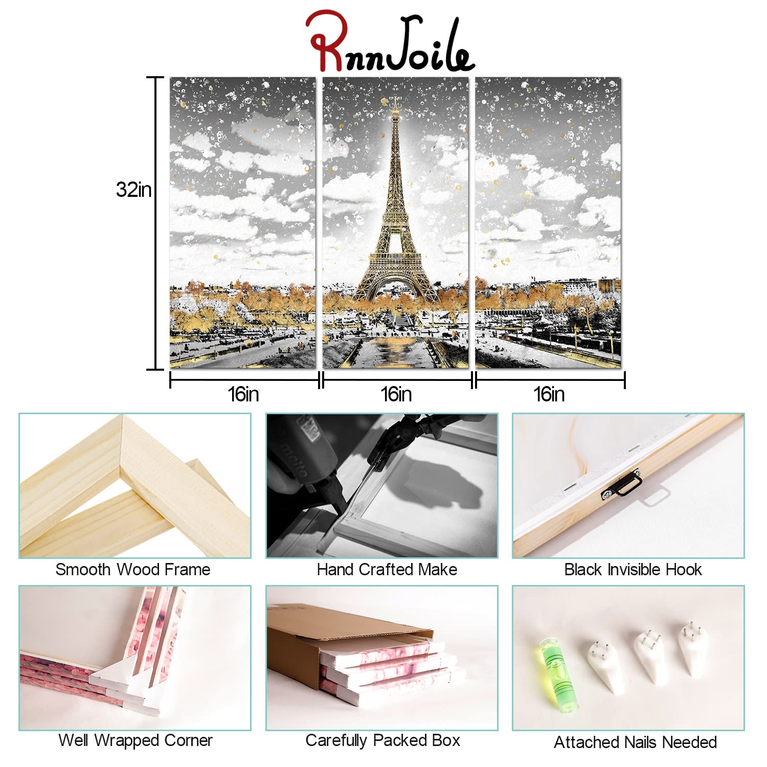 RnnJoile Paris Canvas Art - Gold Eiffel Tower Landscape Painting, France Wall Decor for Bedroom, Framed Artwork - Perfect for Home Decor, Living Room & Office Wall Art