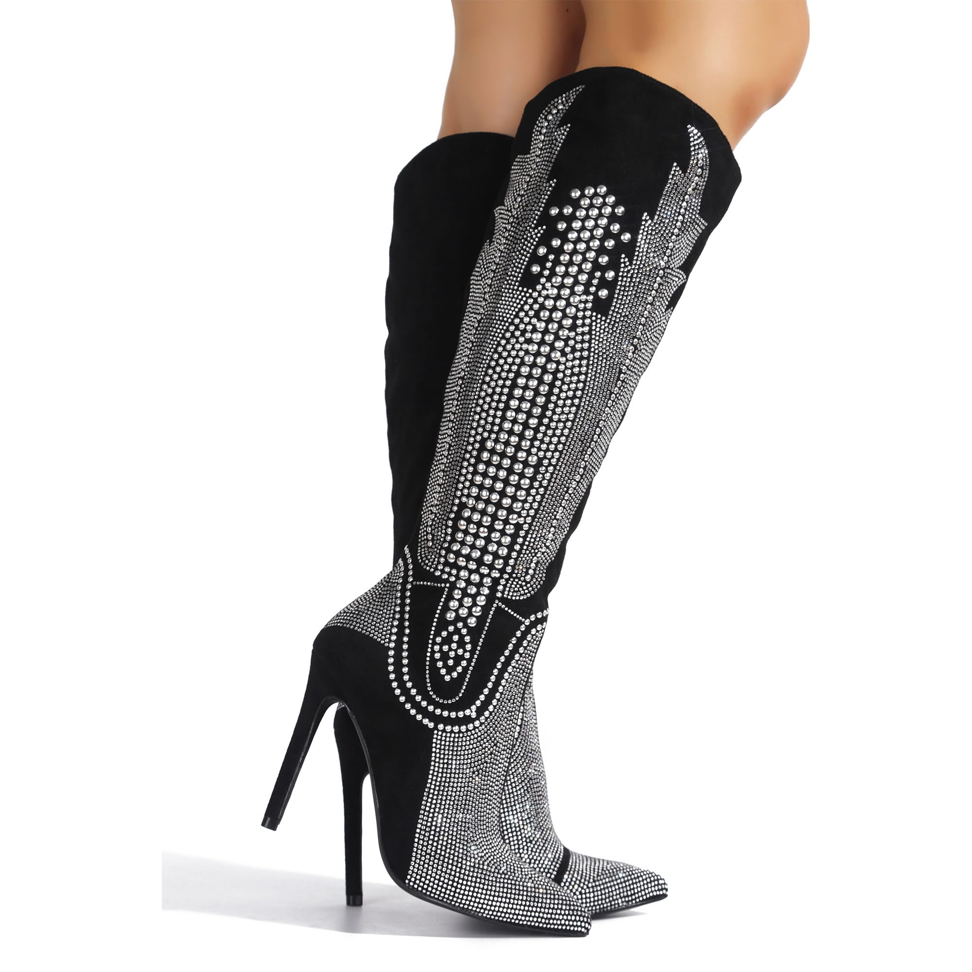 Cape Robbin Women's Rhinestone Western Cowboy Boots - Knee-High Wide Calf Stiletto Heel Dress Boots for Country Dancing & Night Out (Olkley)